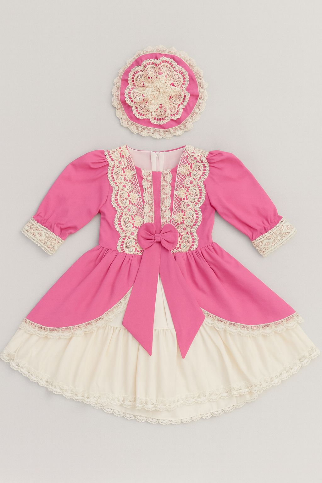 Pembe Dantelli Fiyonk Detaylı Kız Çocuk Elbise & Tokalı Takım - 31459