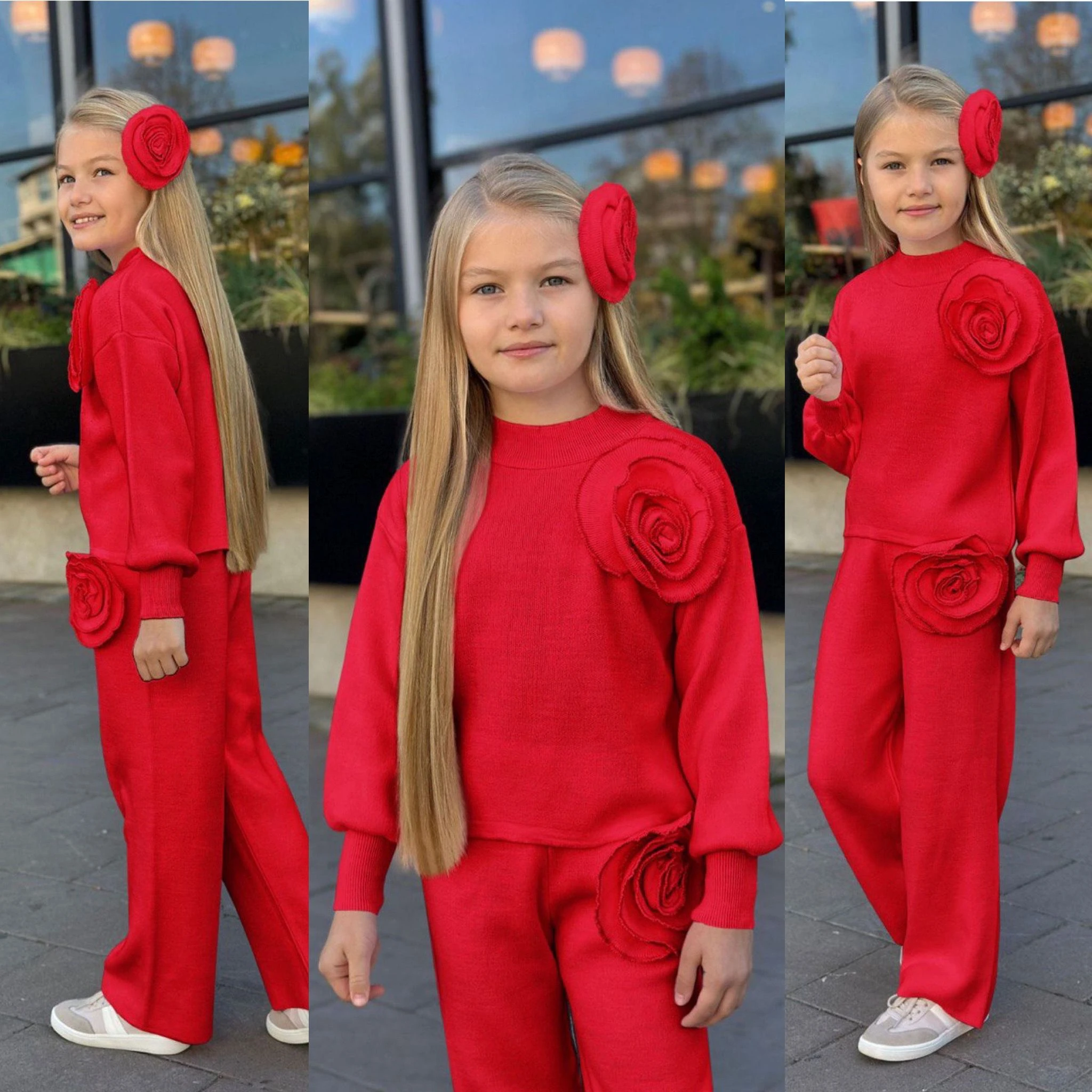 Gül Detaylı Kız Çocuk Triko Takım - 3 PARÇA – Üst + Pantolon + Saç Aksesuarı - 3/12 Yaş - 31581