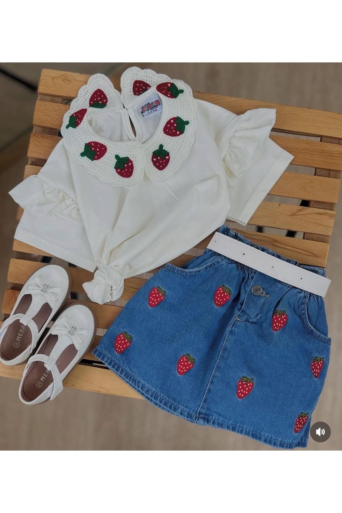Çilek Desen Kot Etek Takım