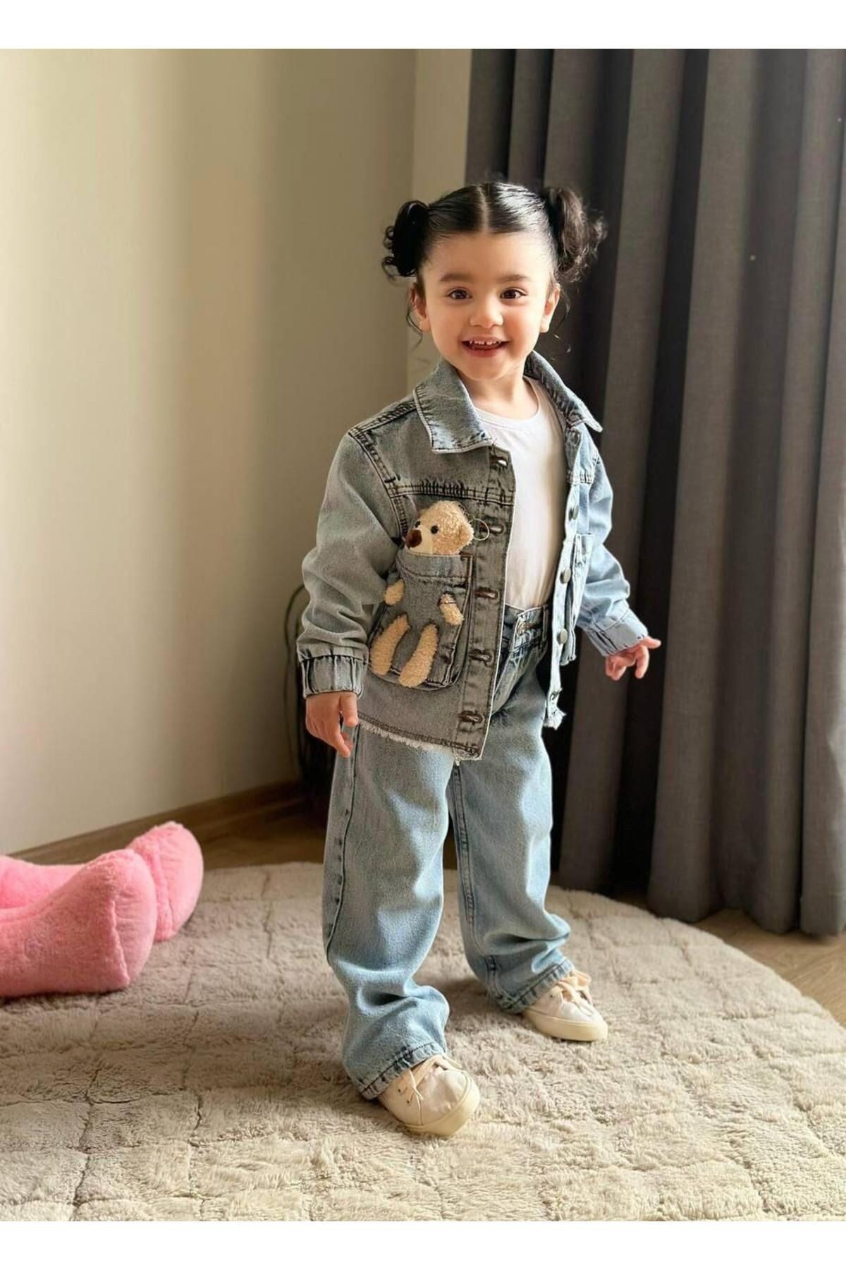 Ayıcıklı Kot Montlu Pantolon Takım