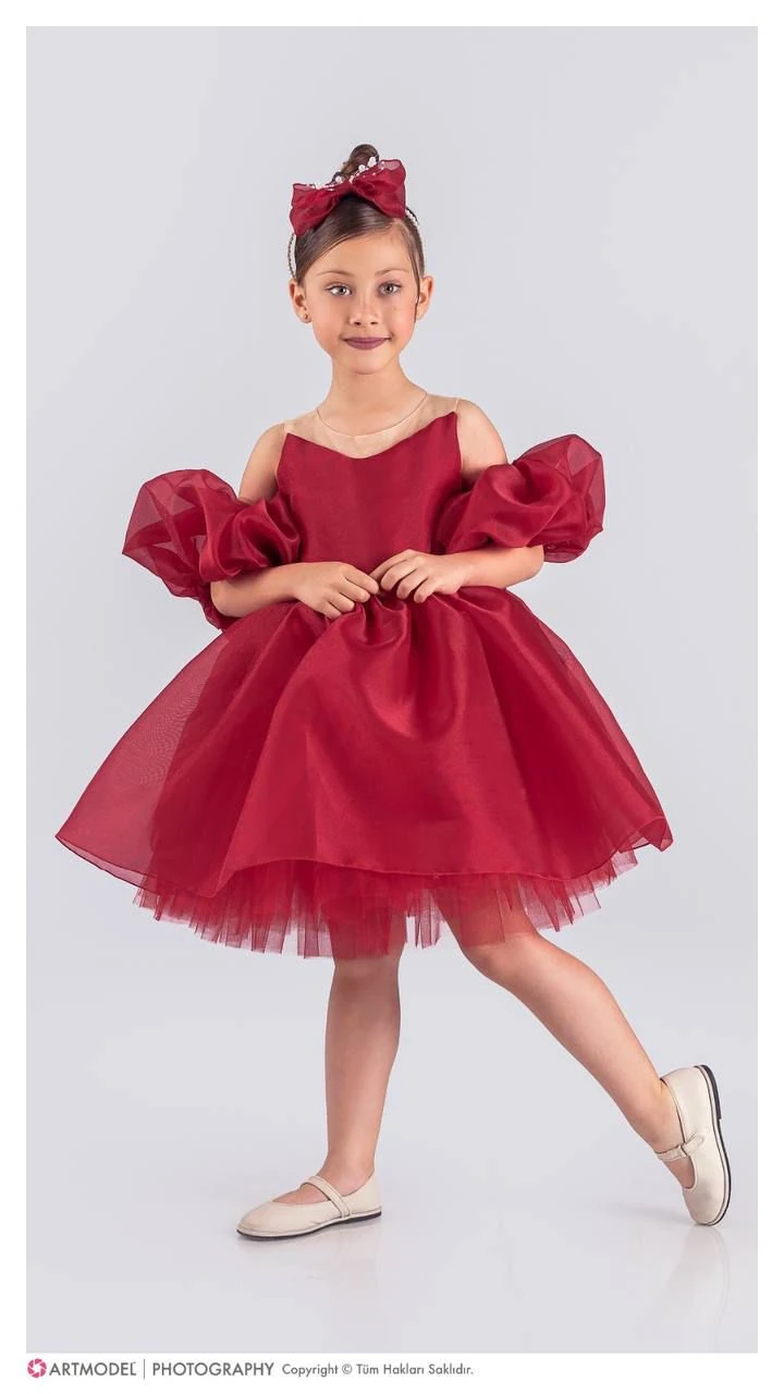Kol Detaylı Kız Çocuk Abiye Elbise ve Taç - 6/10 Yaş - 31536