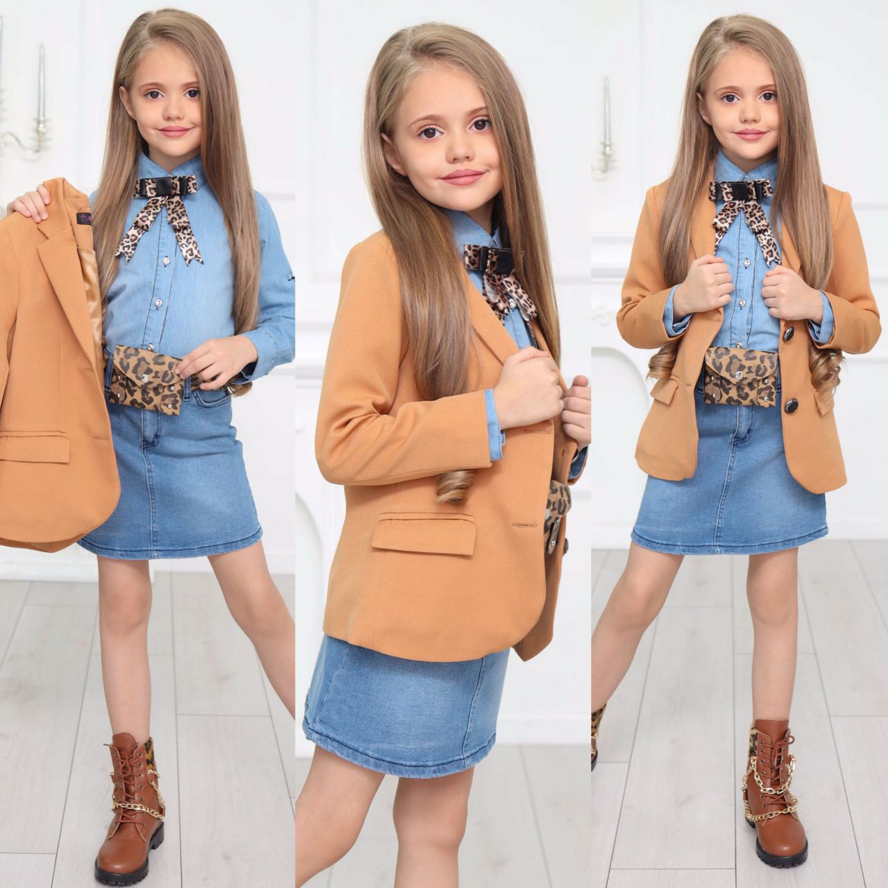 Kız Çocuk 5 Parça Şıklık Seti – Kot Gömlek, Kot Etek, Ceket, Leopar Çanta Kemer + Broş / 3-12 Yaş - 31480