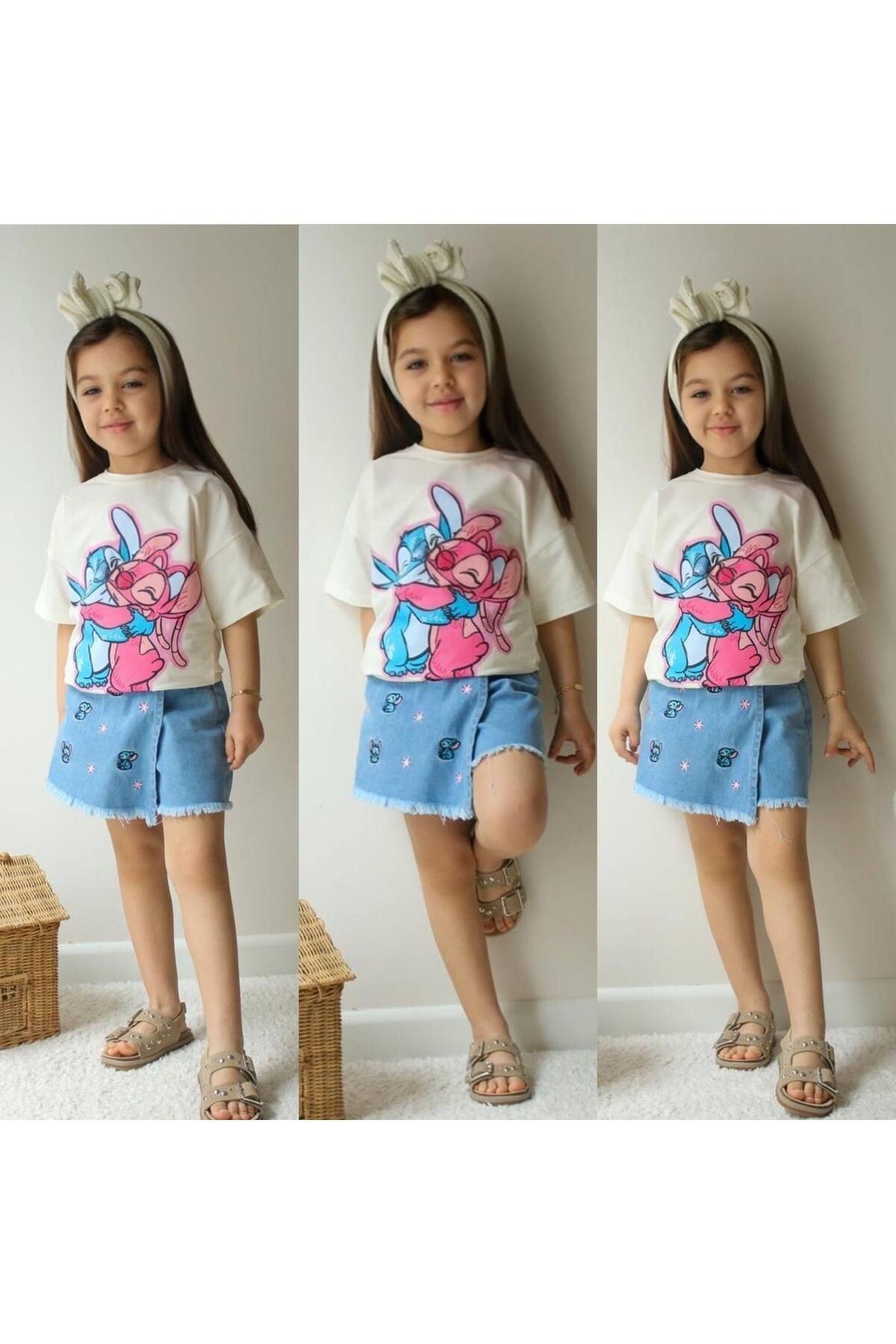 Stitch Temalı Şort Etekli Kot Takım