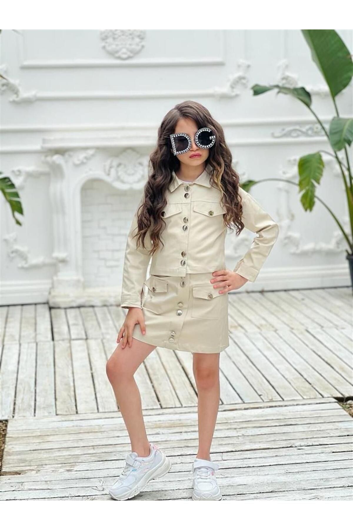 Gabardin Efsane 3 Parça Düğme Detaylı Şık Etek Takım