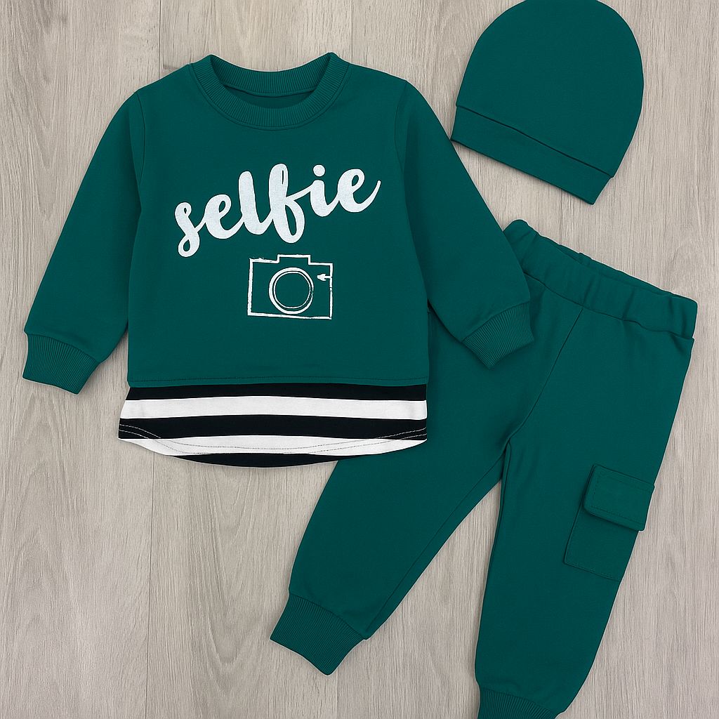 Selfie Baskılı 3’lü Çocuk Takım (Sweatshirt + Eşofman + Bere) – Petrol Yeşili - 31453