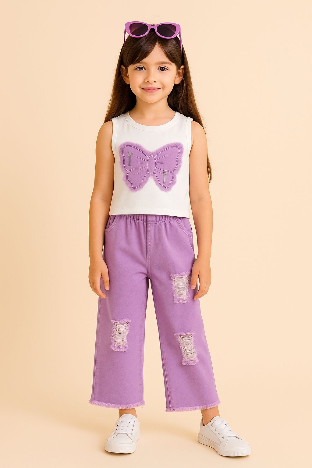 Kız Çocuk Kelebek Desenli Denim Takım | 3-14 Yaş