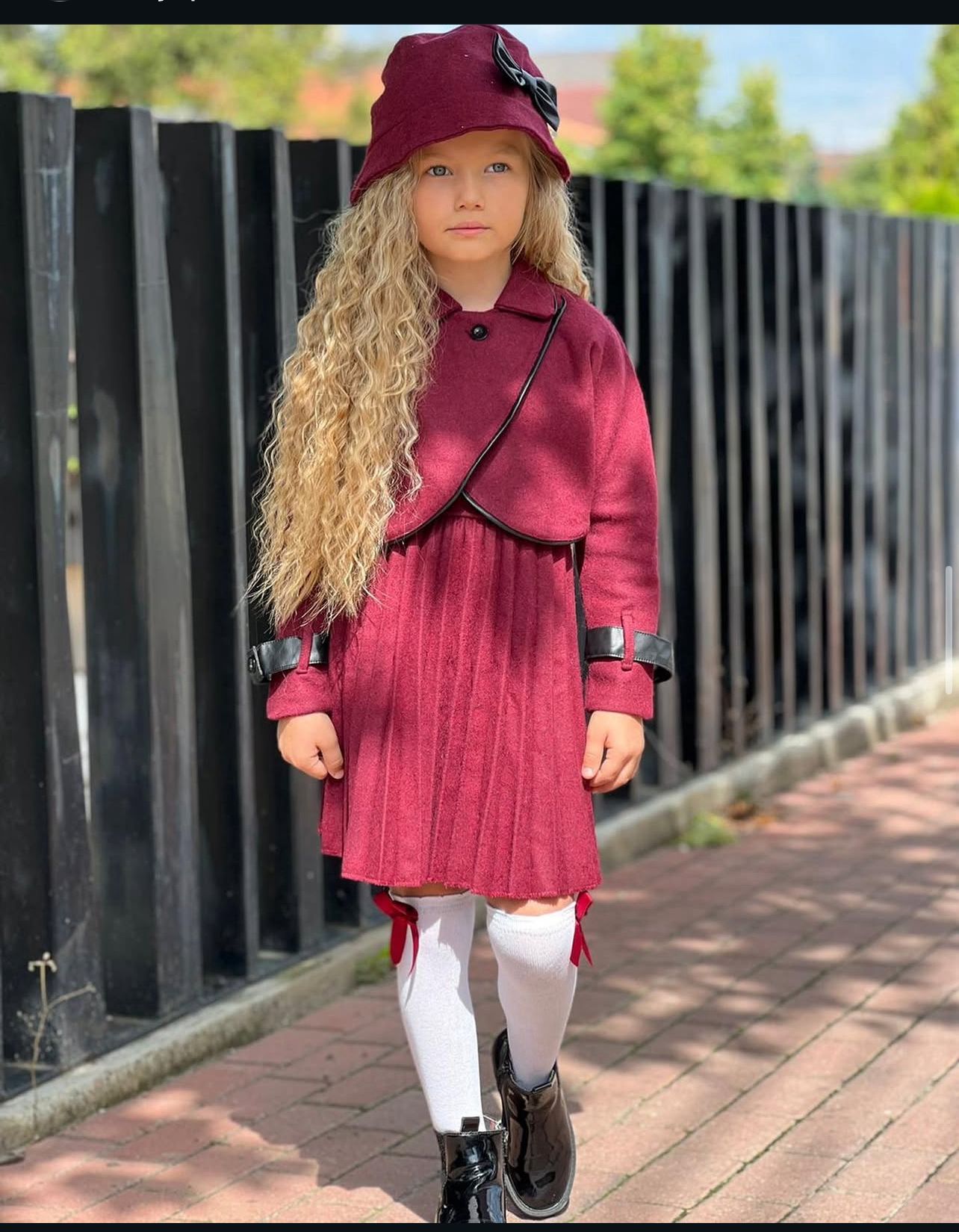 Bordo Kız Çocuk Kısa Pileli Elbise Bolero ve Ceket –3/12 Yaş - 31602