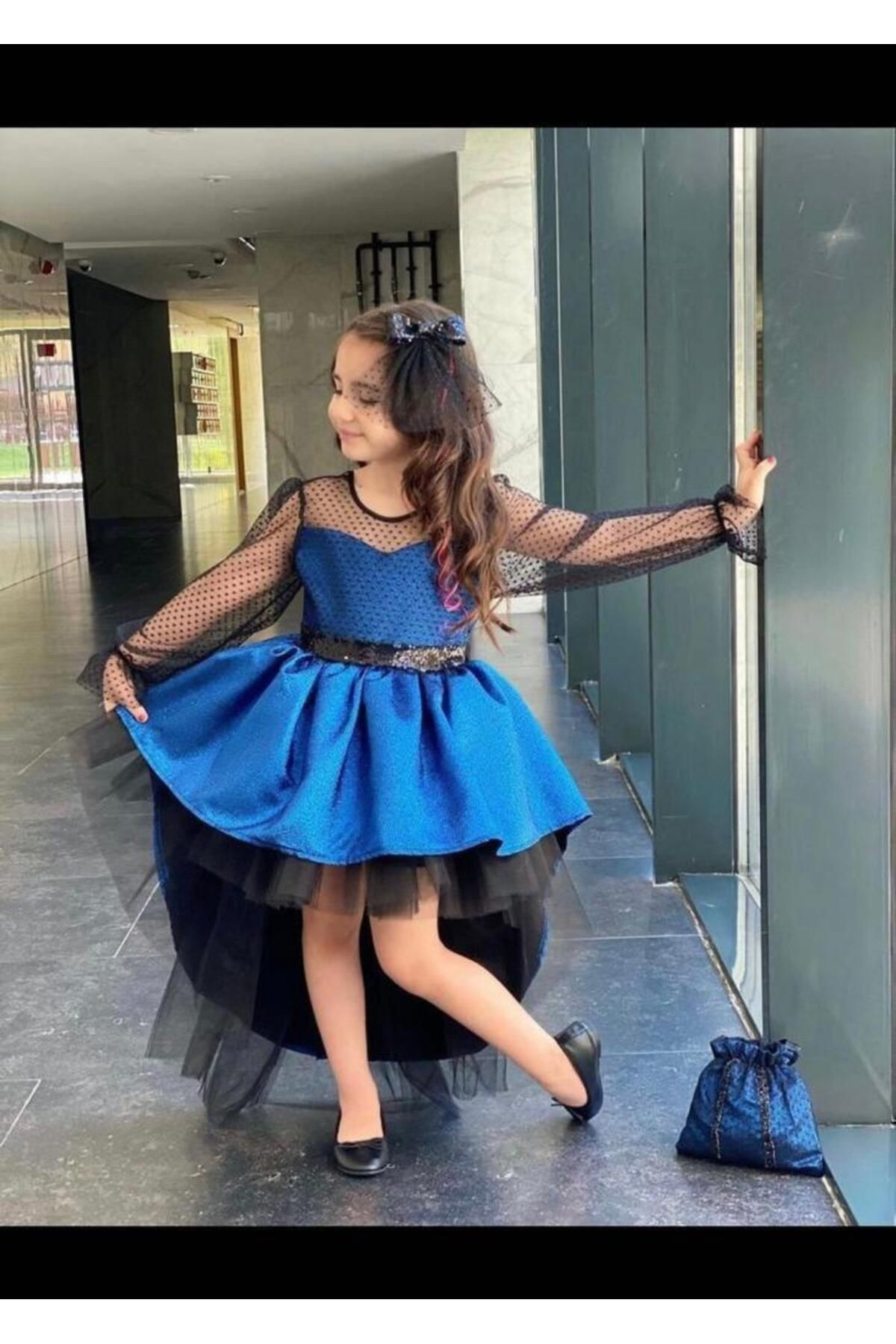Kız Çocuk Çanta Hediyeli Arkası Uzun Önü Kısa Elbise