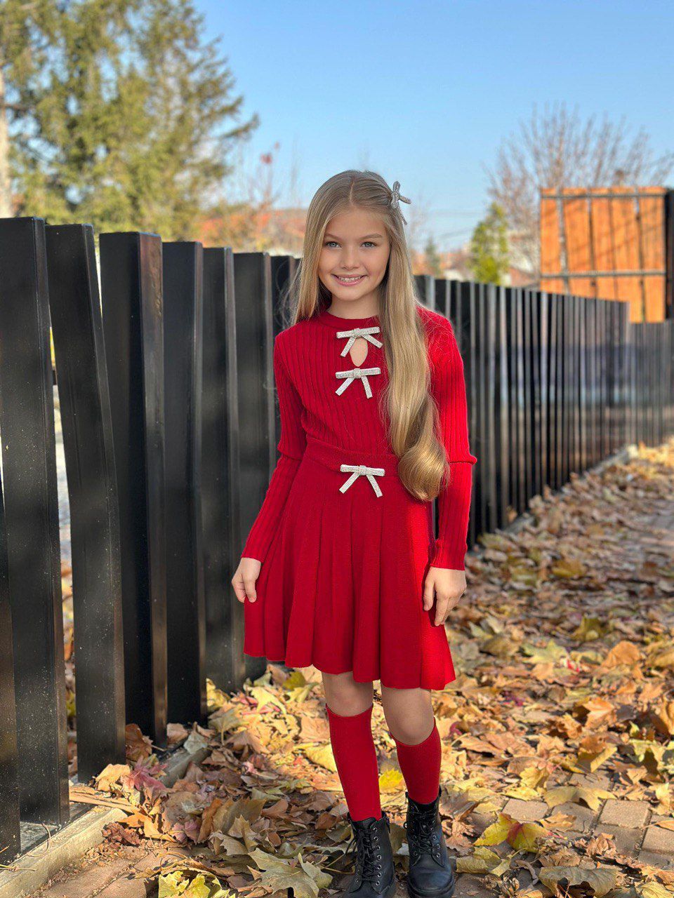 Yeni Sezon Kız Çocuk Triko Takım - 3 PARÇA – Etek + Triko Üst + Aksesuar Fiyonk Detaylı - 3/12 Yaş - 31580