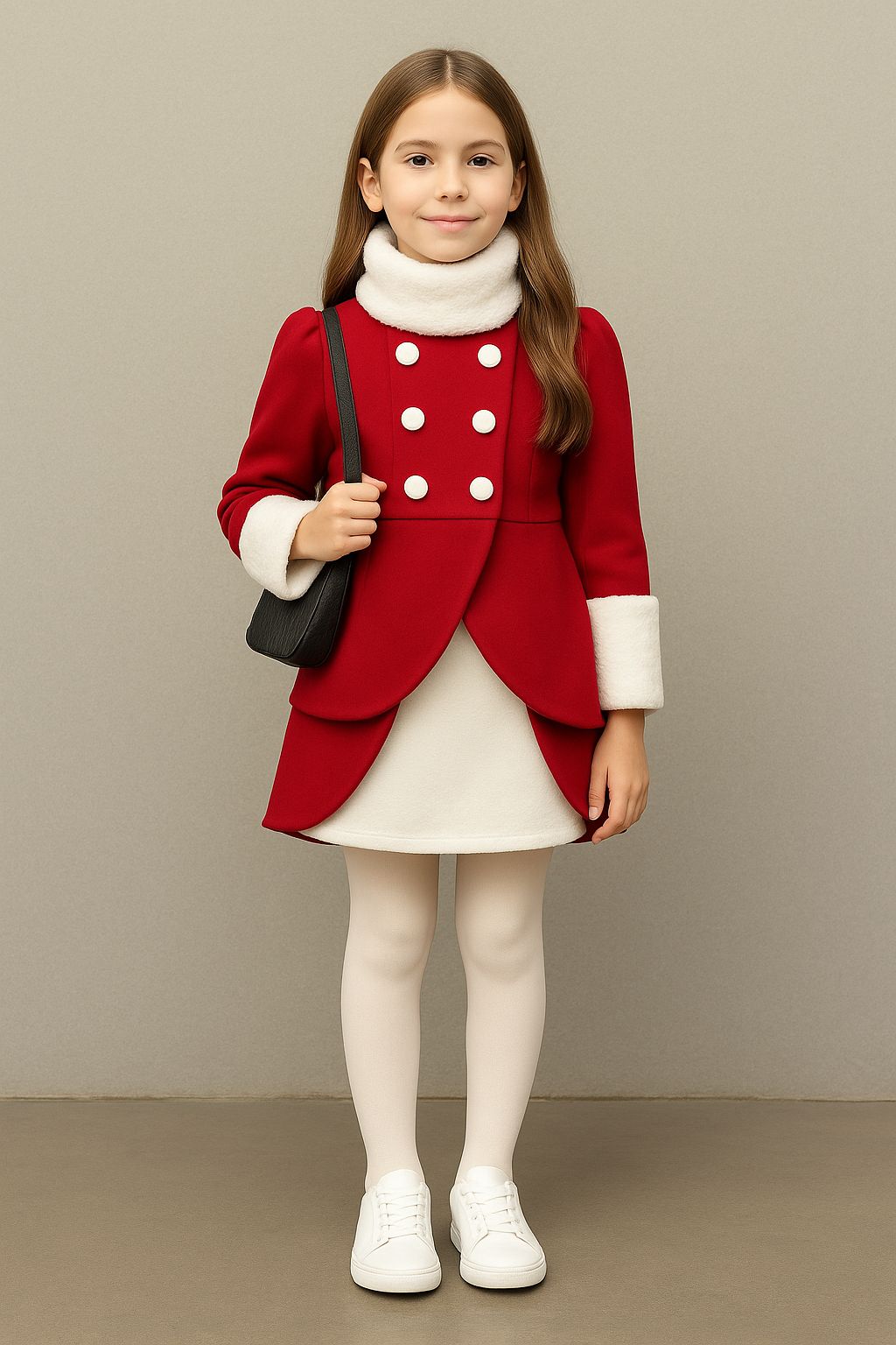 Kaşe 3'lü Set Kaşe Kaban - Kaşe Etek - Tak Çıkar Boyunluk - 4/14 Yaş - 31512