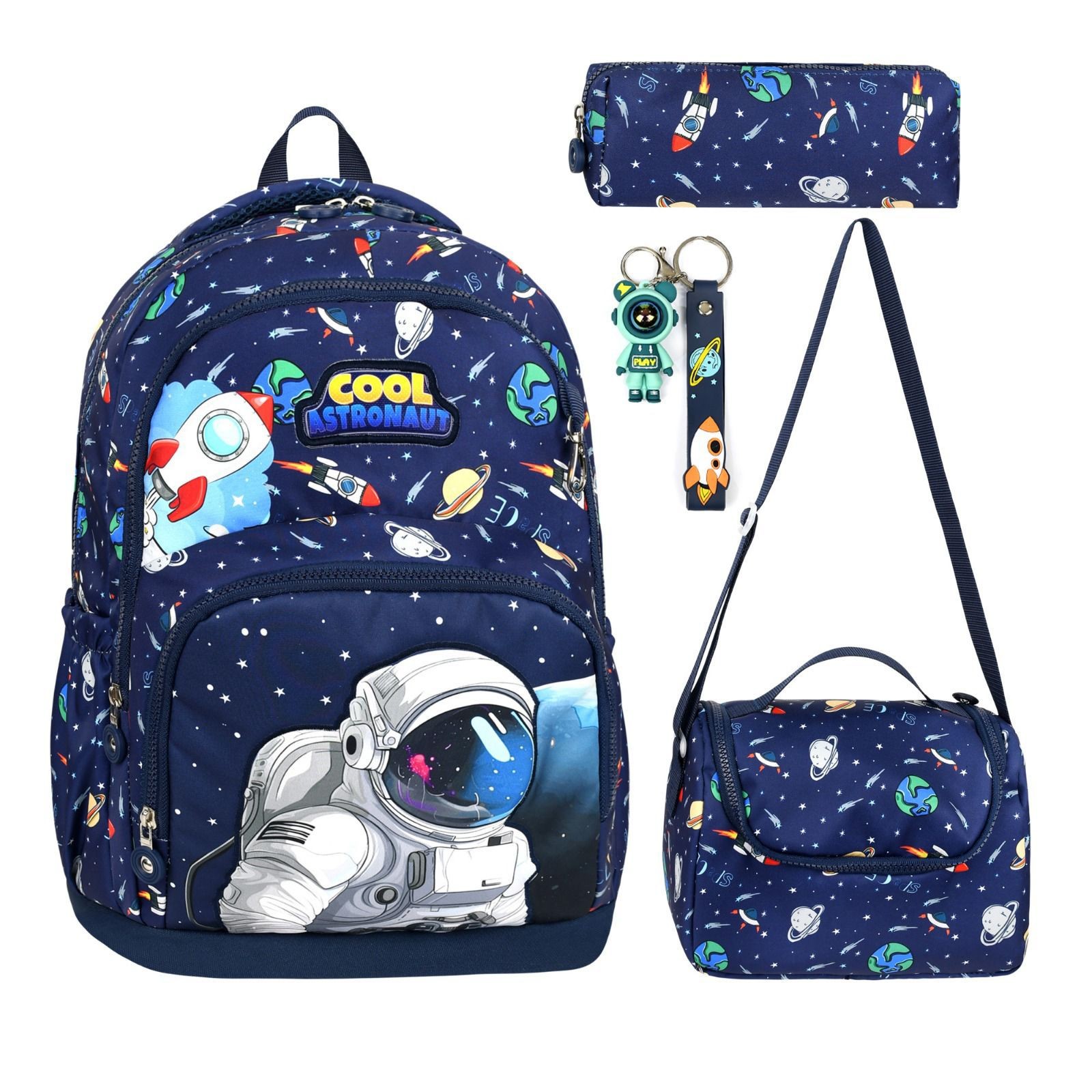 Astronot 3’lü Okul Çantası Seti (Okul Çantası + Beslenme Çantası + Kalemlik) | Anahtarlık Hediyeli