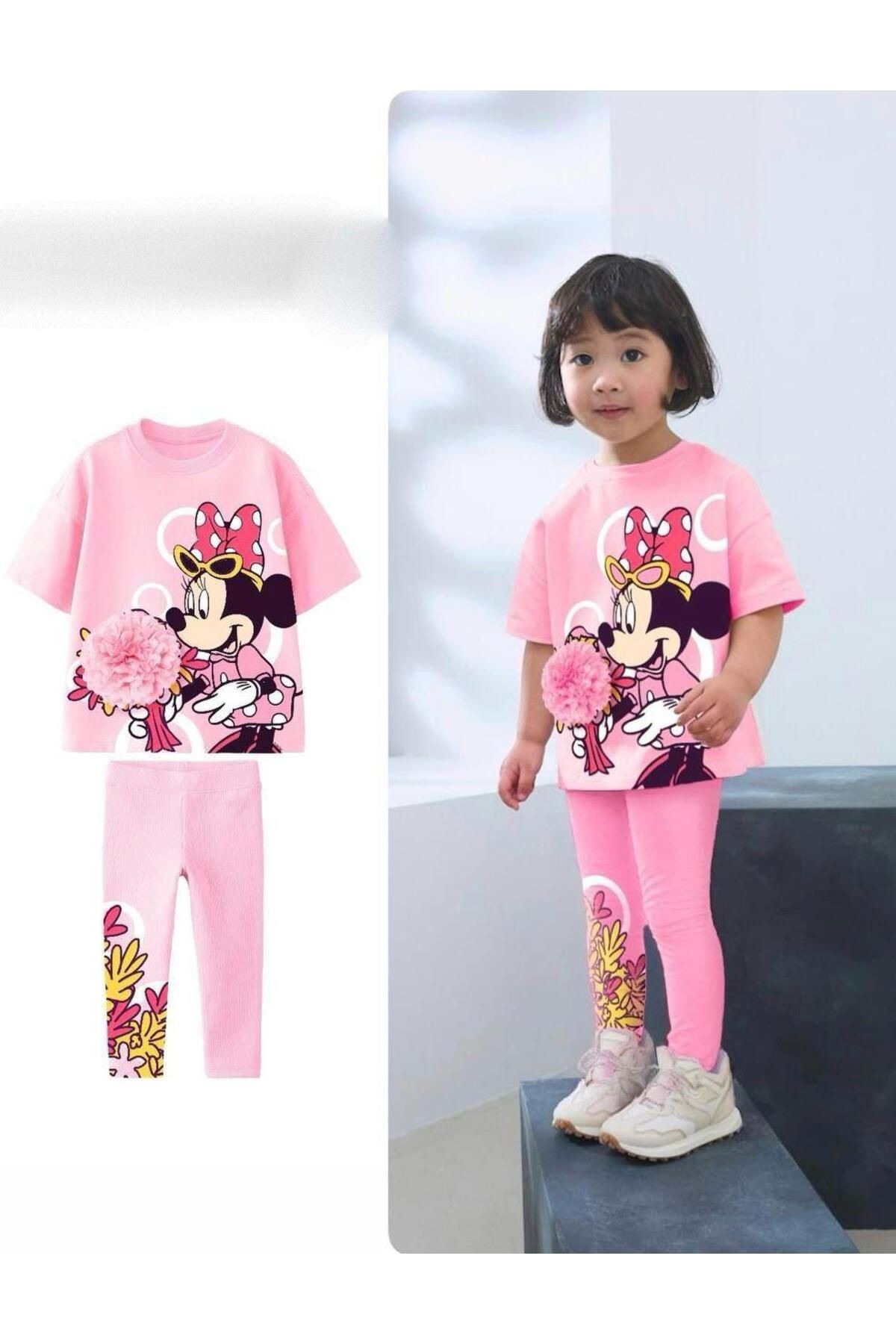 Mnnie Mouse Çiçek Detay Taytlı Takım