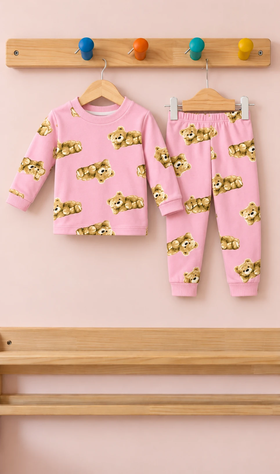 Ayıcık Desenli Süet Kumaş Çocuk Pijama Takımı - 1/4 Yaş - 31966