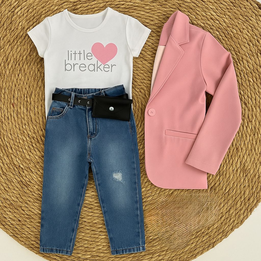 Little Breaker Kız Çocuk Pembe Ceketli 4’lü Kombin - 3/12 Yaş - 314788