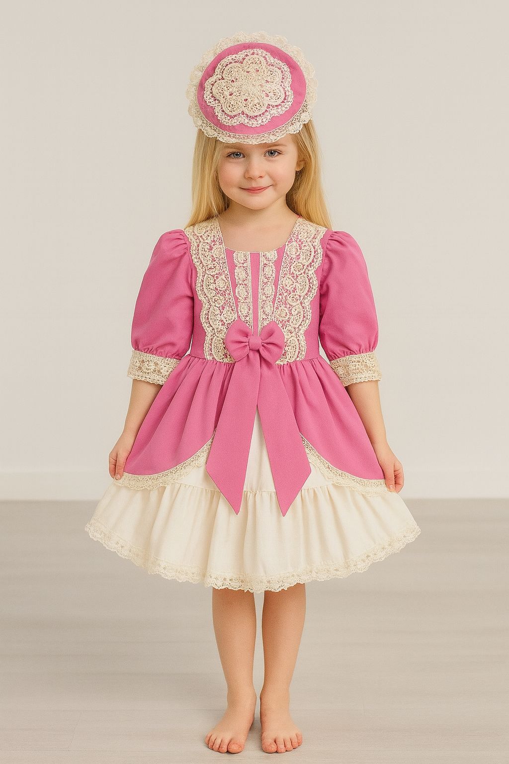 Pembe Dantelli Fiyonk Detaylı Kız Çocuk Elbise & Tokalı Takım - 31459