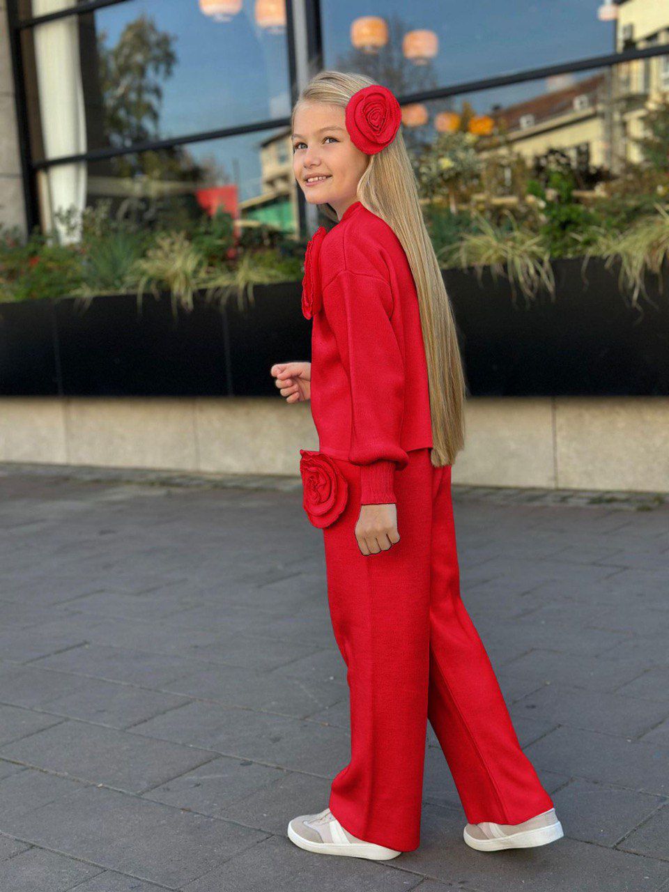 Gül Detaylı Kız Çocuk Triko Takım - 3 PARÇA – Üst + Pantolon + Saç Aksesuarı - 3/12 Yaş - 31581