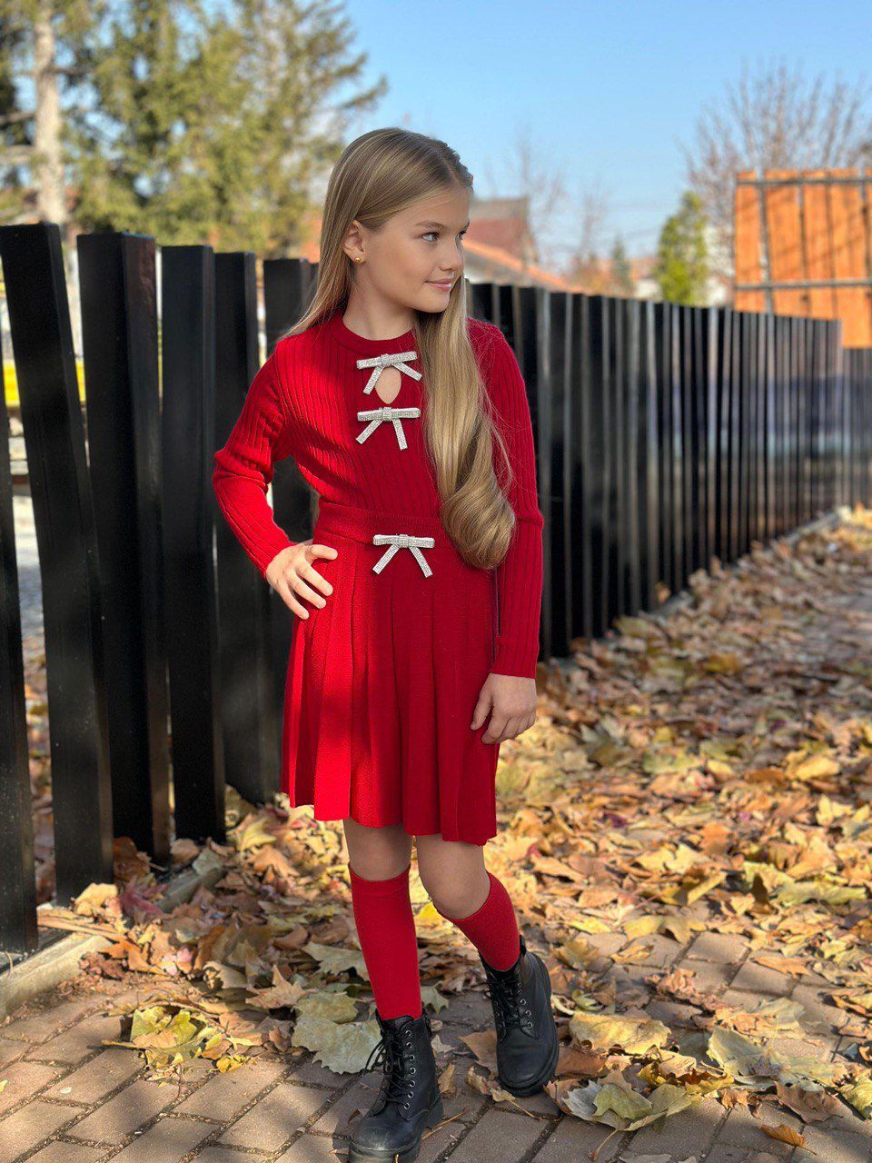 Yeni Sezon Kız Çocuk Triko Takım - 3 PARÇA – Etek + Triko Üst + Aksesuar Fiyonk Detaylı - 3/12 Yaş - 31580