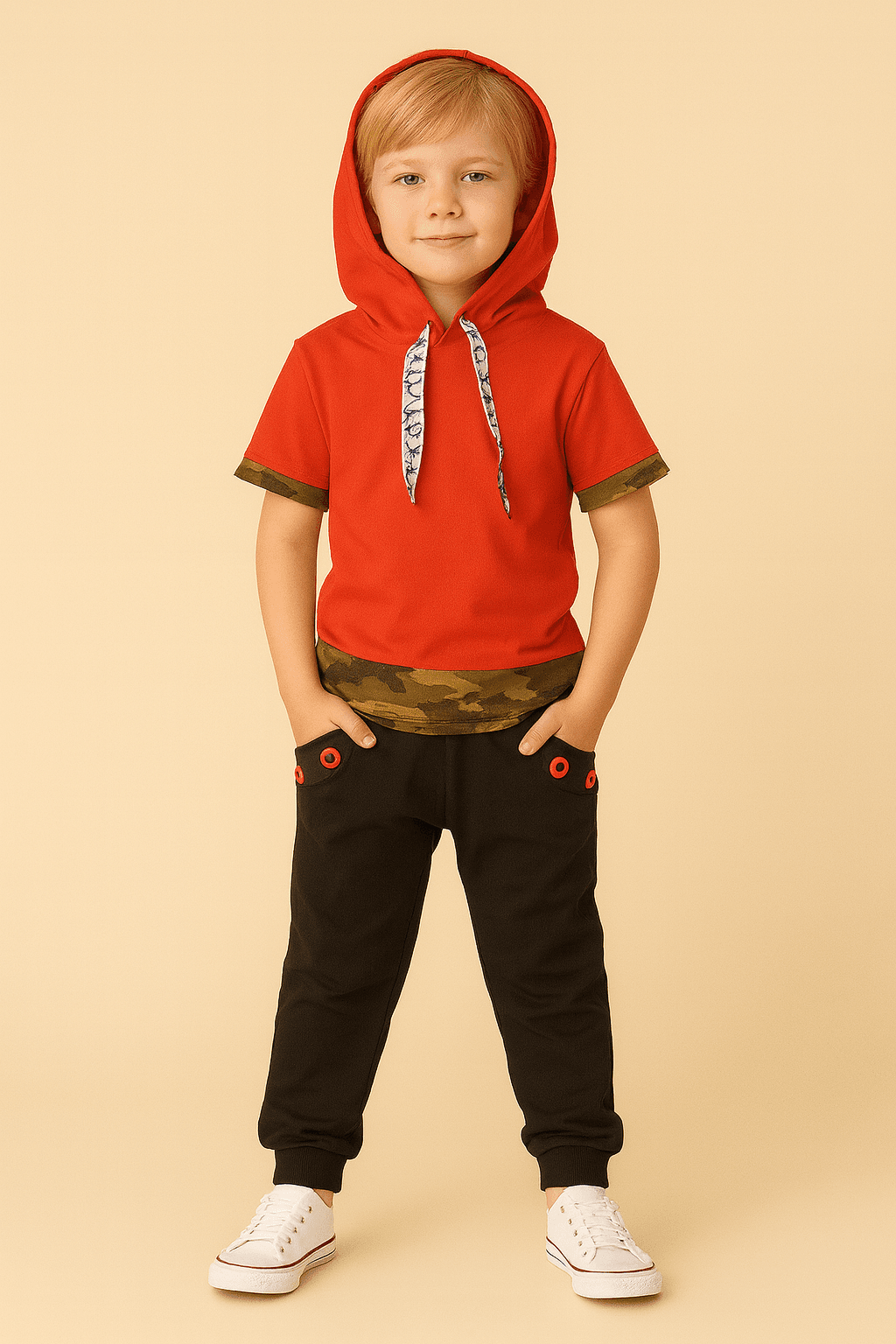 Erkek Çocuk Kırmızı Kapüşonlu Sweat & Siyah Eşortman Kombin – Spor Tarz - 31461