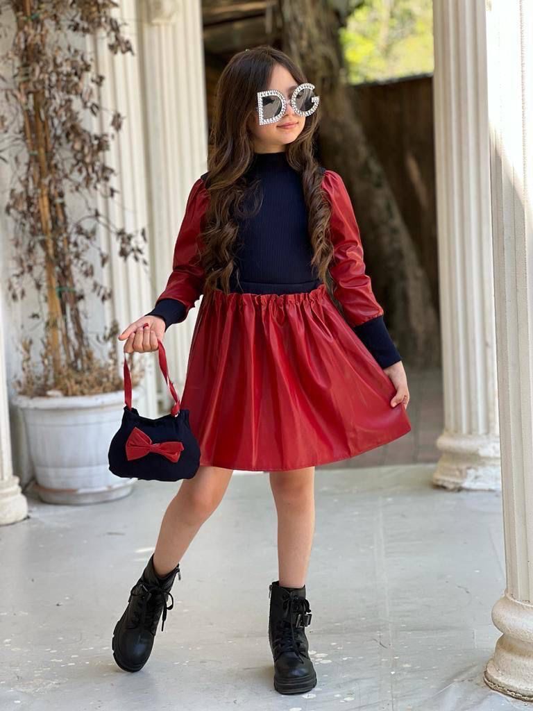 Kız Çanta Dahil Deri Etekli 3’lü Kombin / 3-10 Yaş - 31474