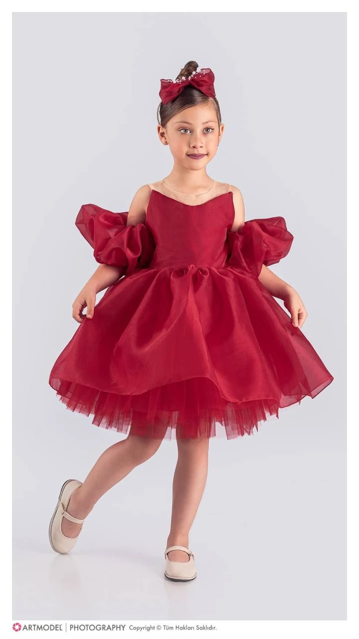 Kol Detaylı Kız Çocuk Abiye Elbise ve Taç - 6/10 Yaş - 31536