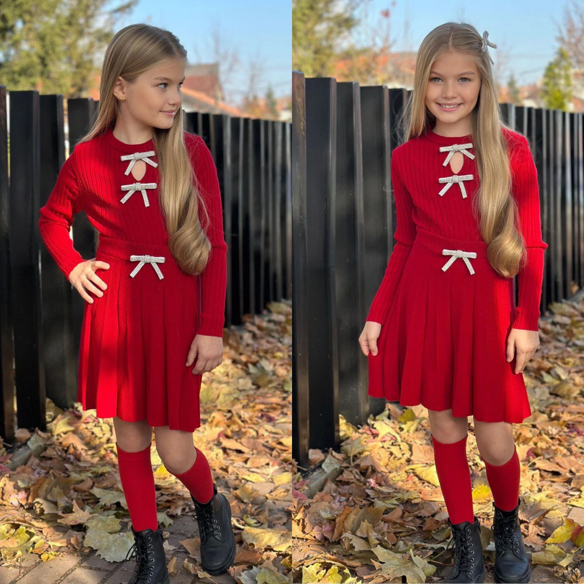 Yeni Sezon Kız Çocuk Triko Takım - 3 PARÇA – Etek + Triko Üst + Aksesuar Fiyonk Detaylı - 3/12 Yaş - 31580