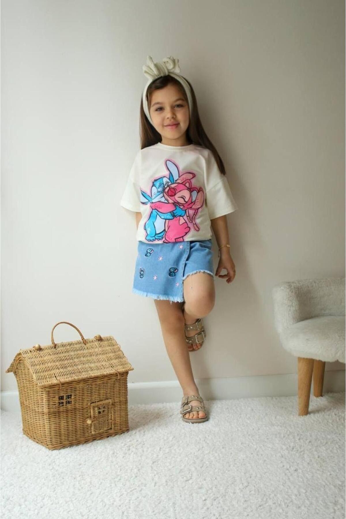 Stitch Temalı Şort Etekli Kot Takım