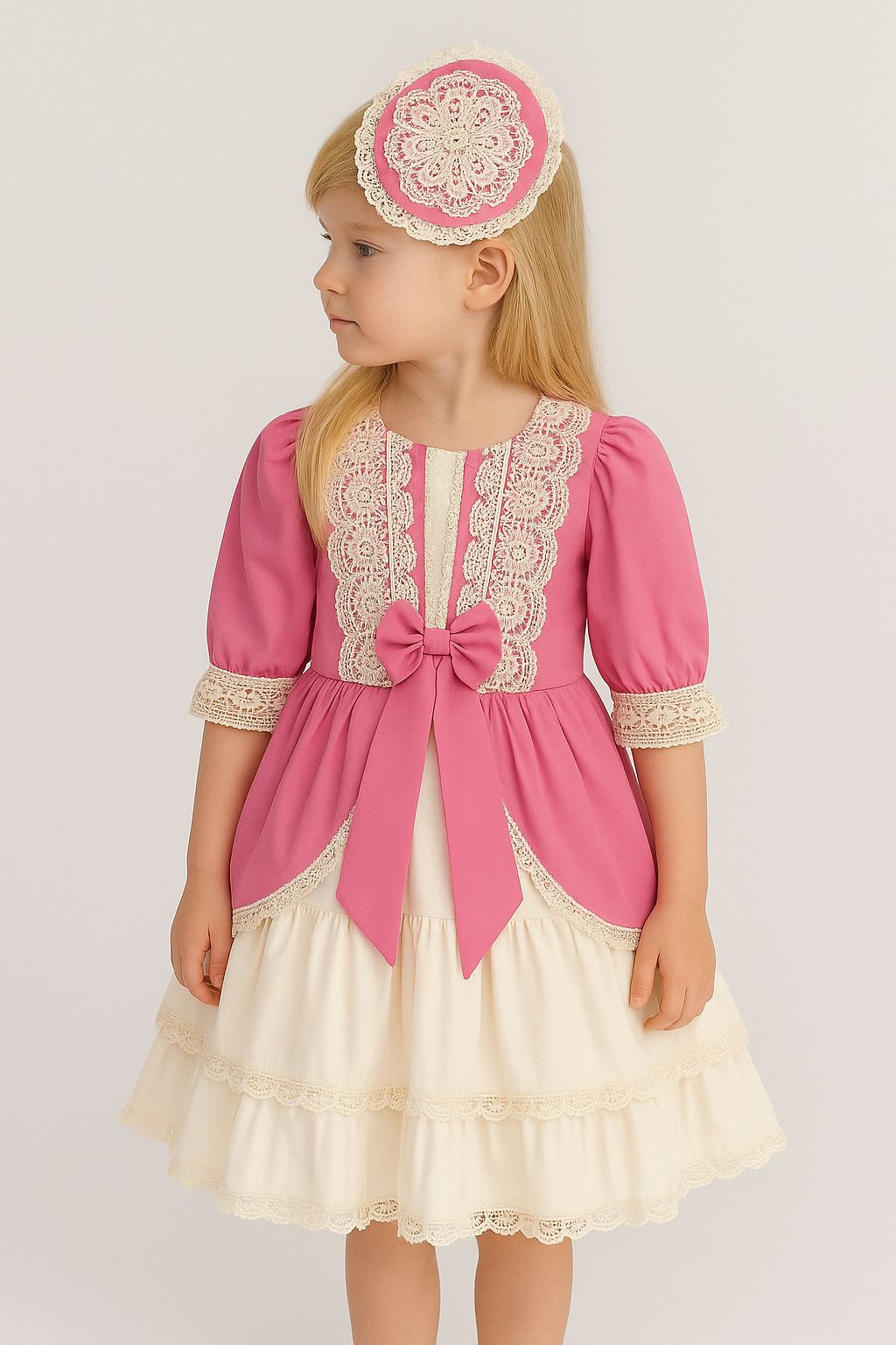 Pembe Dantelli Fiyonk Detaylı Kız Çocuk Elbise & Tokalı Takım - 31459