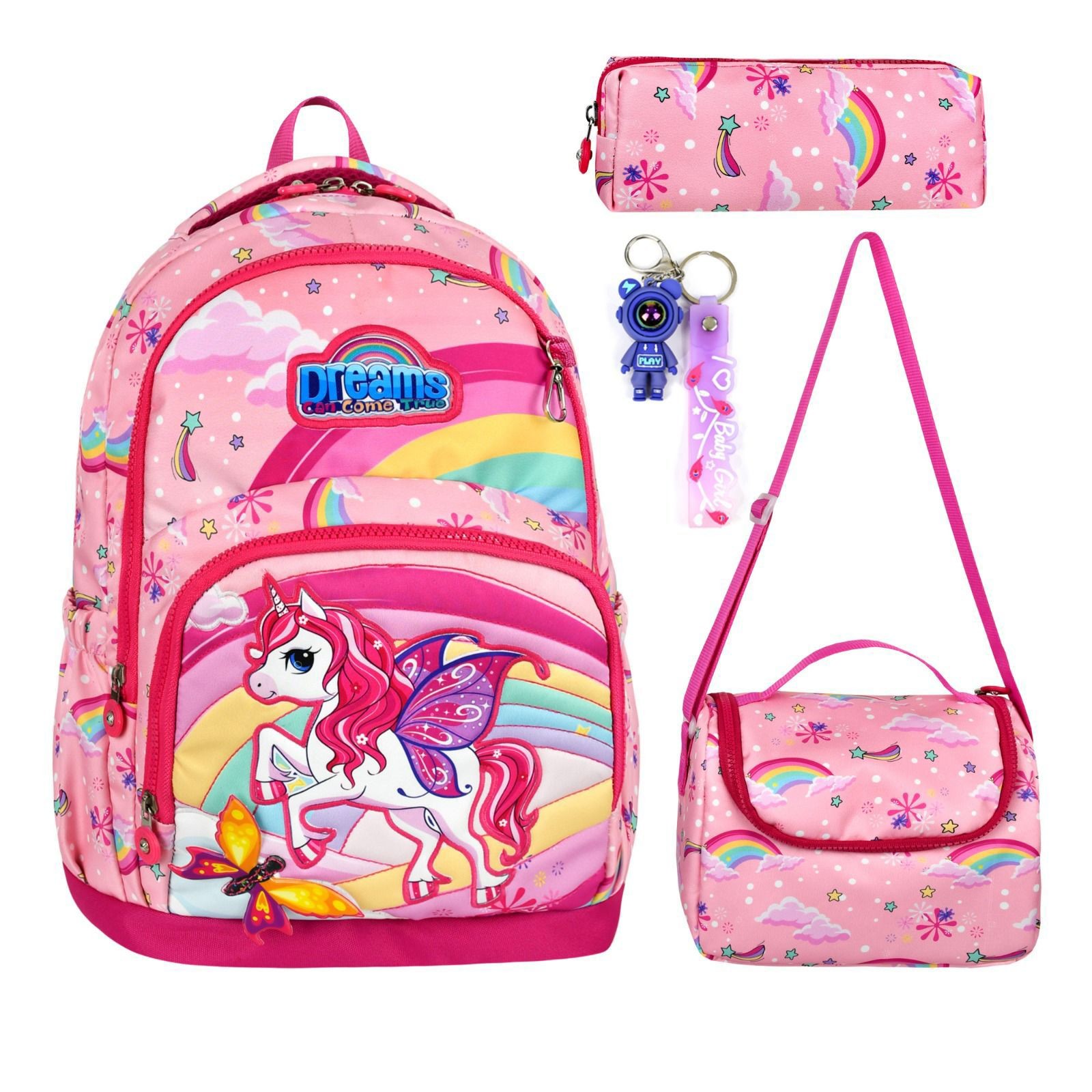 Unicorn Gökkuşağı Desenli 3’lü Okul Çantası Seti (Okul Çantası + Beslenme Çantası + Kalemlik) | Anahtarlık Hediyeli