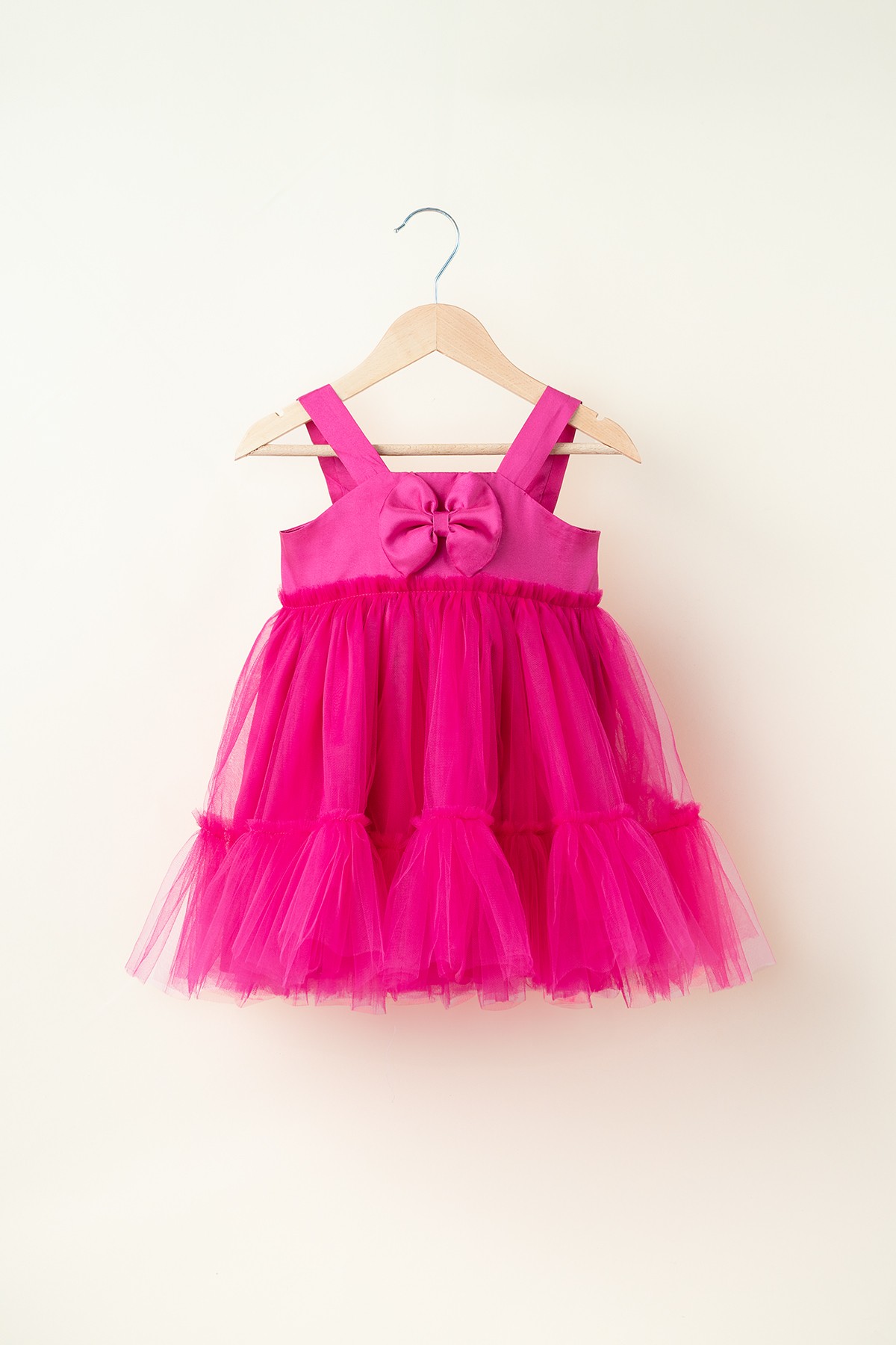 Fiona Kız Bebek Çocuk Astarlı Önden Fiyonklu Tüllü Askılı Elbise - FUŞYA