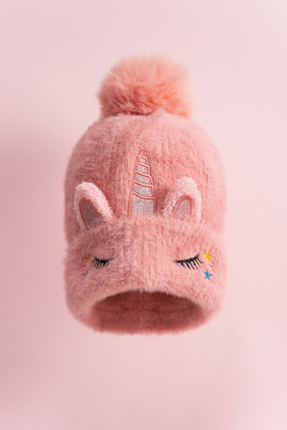 Unicorn Peluş Örme Ponponlu Bere - Pembe