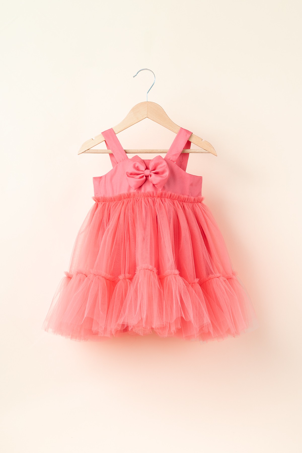 Fiona Kız Bebek Çocuk Astarlı Önden Fiyonklu Tüllü Askılı Elbise - NAR ÇİÇEĞİ