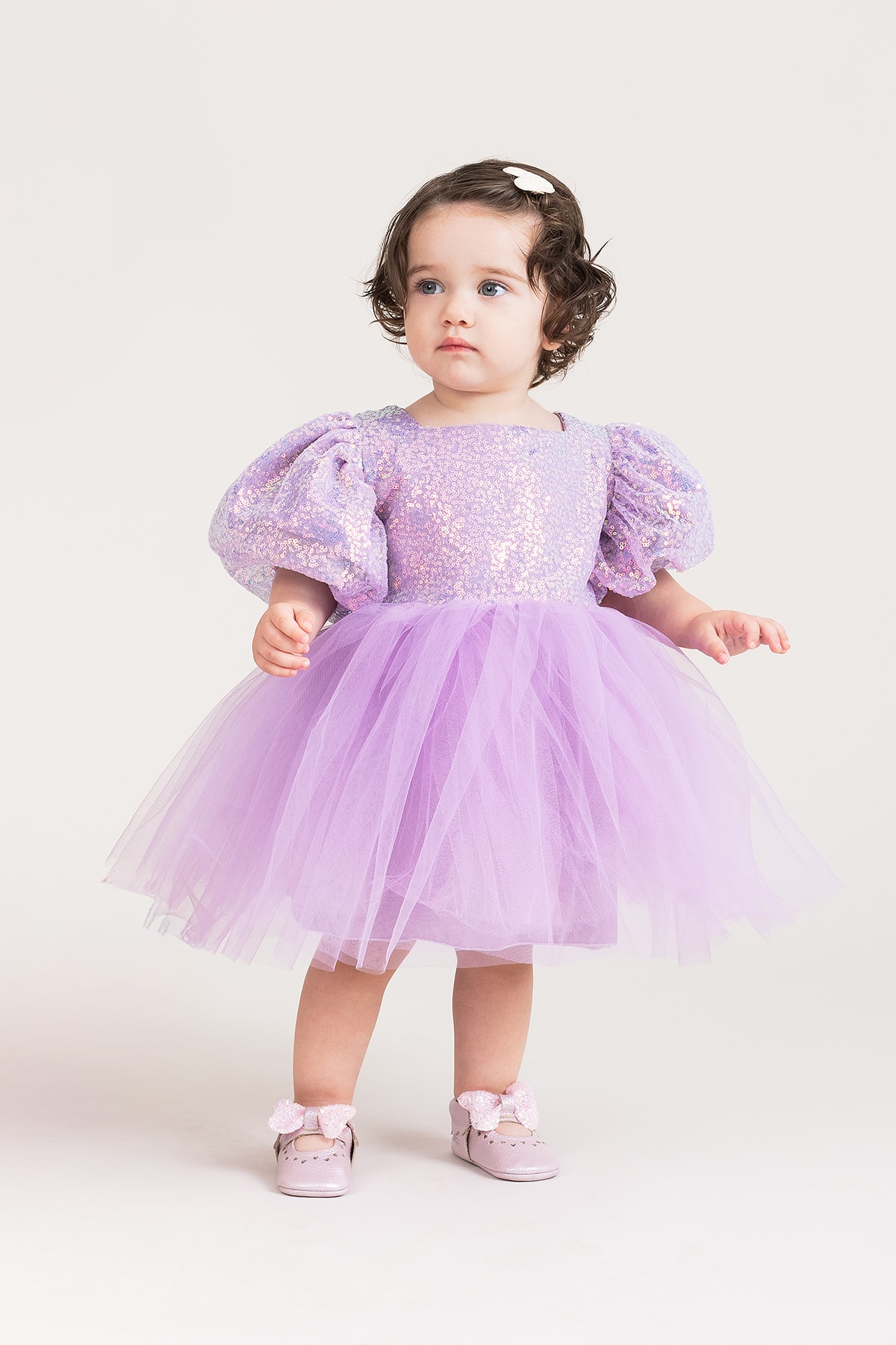 Vera Balon Kollu Tüllü Pul Payet Kabarık Özel Gün Elbisesi - Lila