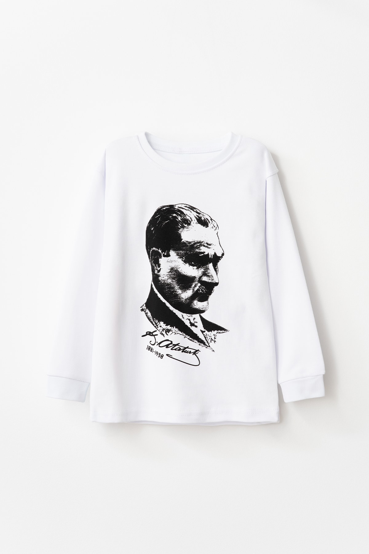 Atatürk Baskılı Pamuklu Uzun Kollu Unisex T-shirt Body - Beyaz