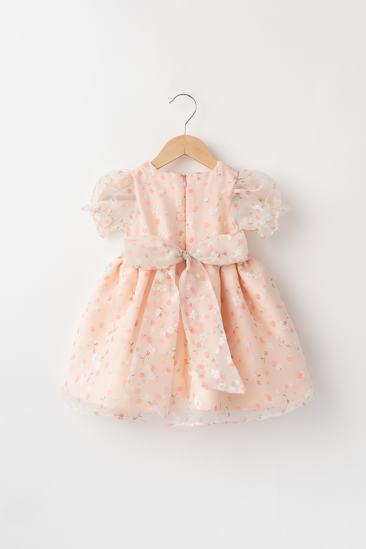 Grace Kız Bebek Çocuk Pamuk ve Saten Astarlı Çıtır Çiçek Desenli Tüllü Elbise - Somon