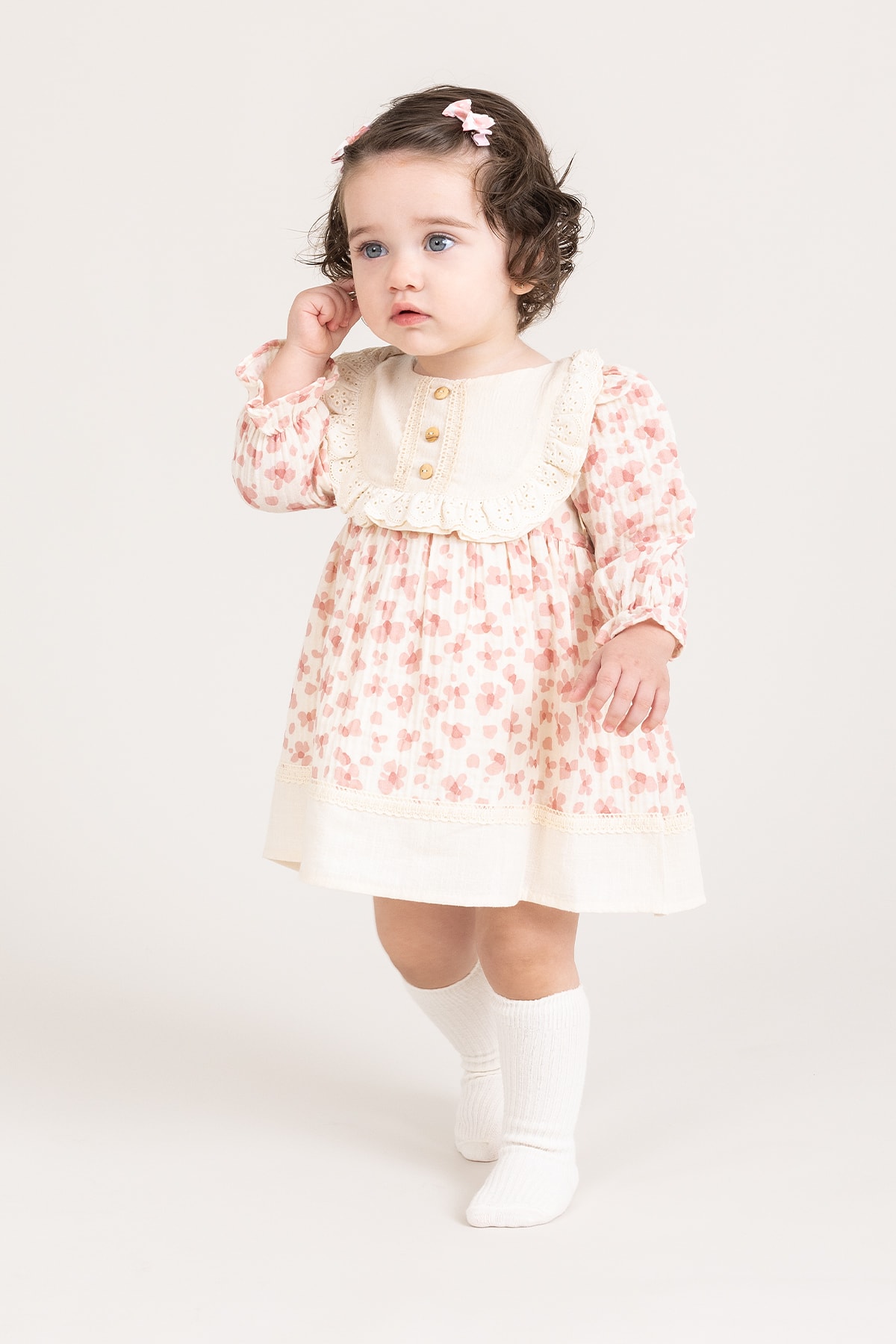 Elias Kız Bebek Çocuk Çiçek Desenli Fisto Detaylı Keten Yakalı Astarlı Müslin Elbise - Pembe