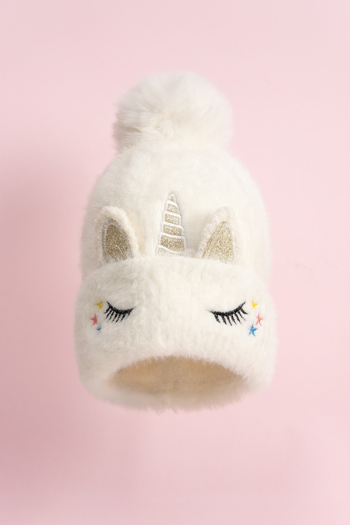 Unicorn Peluş Örme Ponponlu Bere - Beyaz