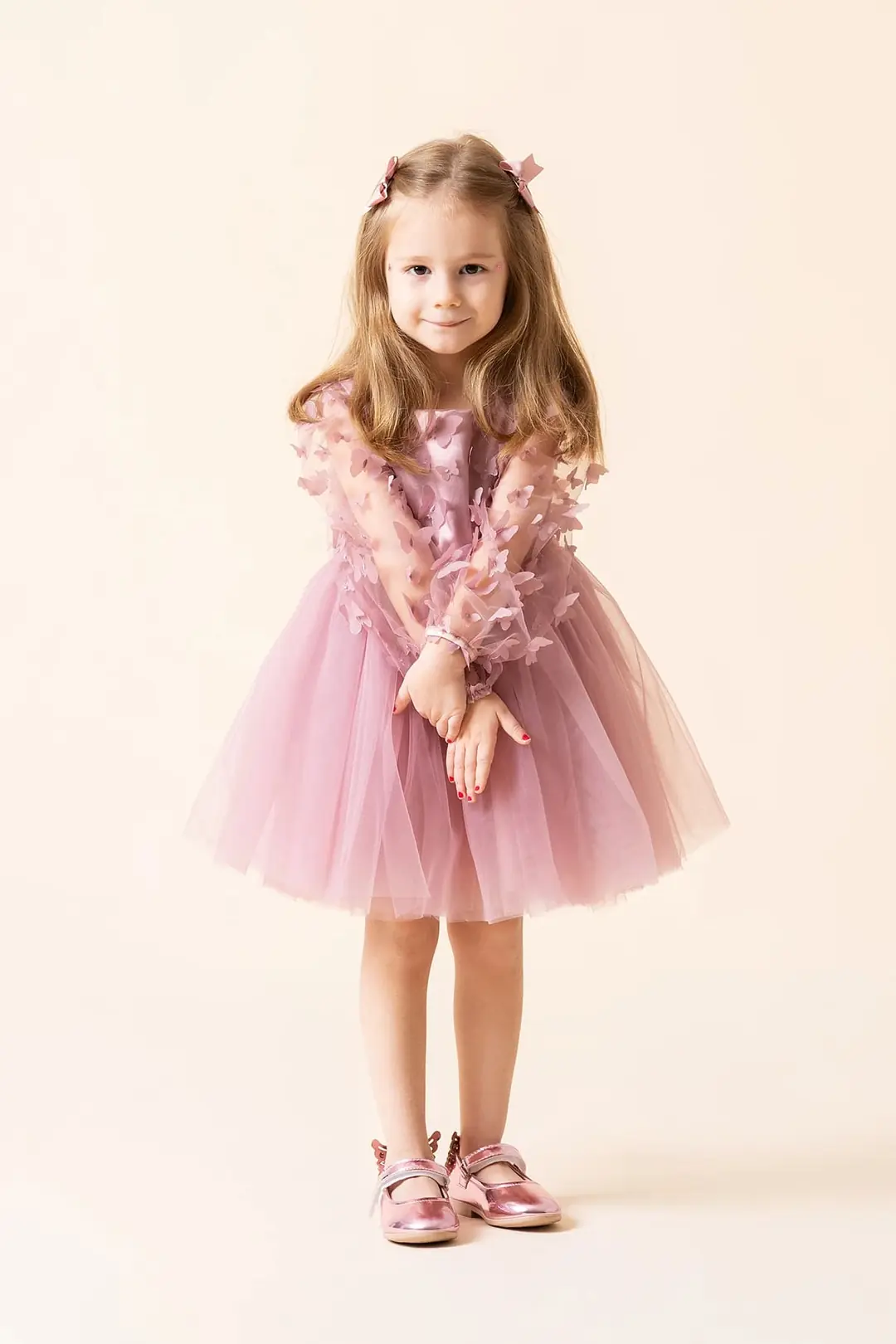 Gül Kurusu 3D Kelebek Detaylı Tüllü Tütülü Elbise