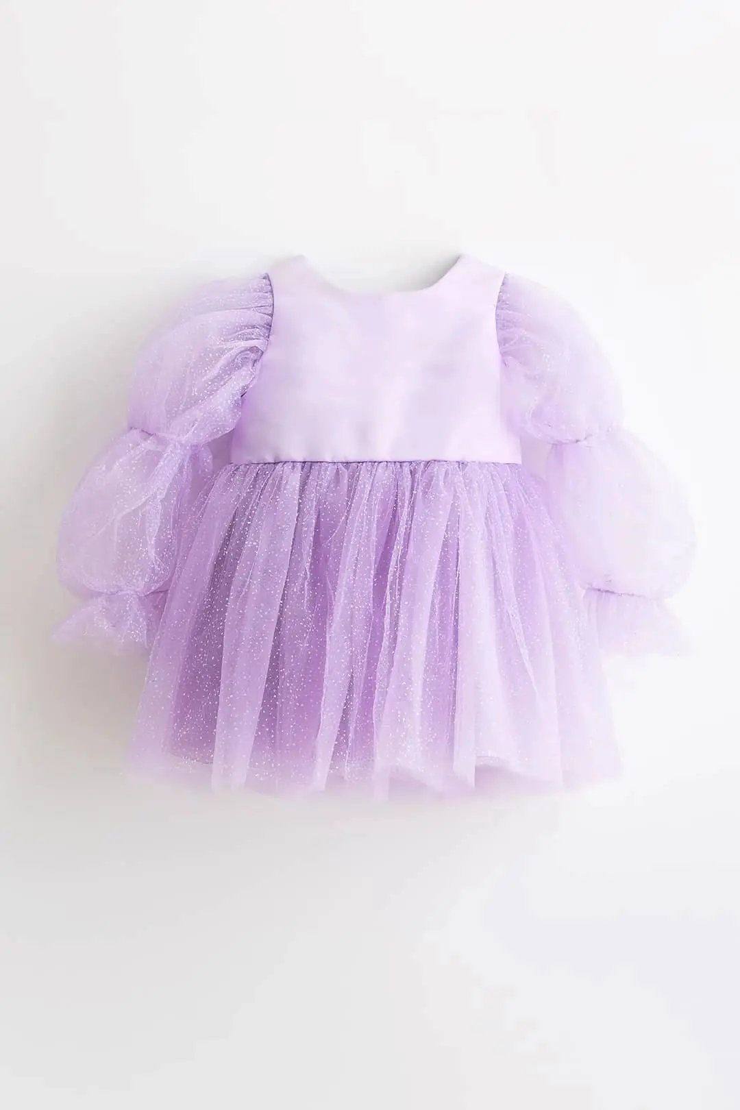 Lila Büzgü Kollu Simli Tül Kız Çocuk Elbise