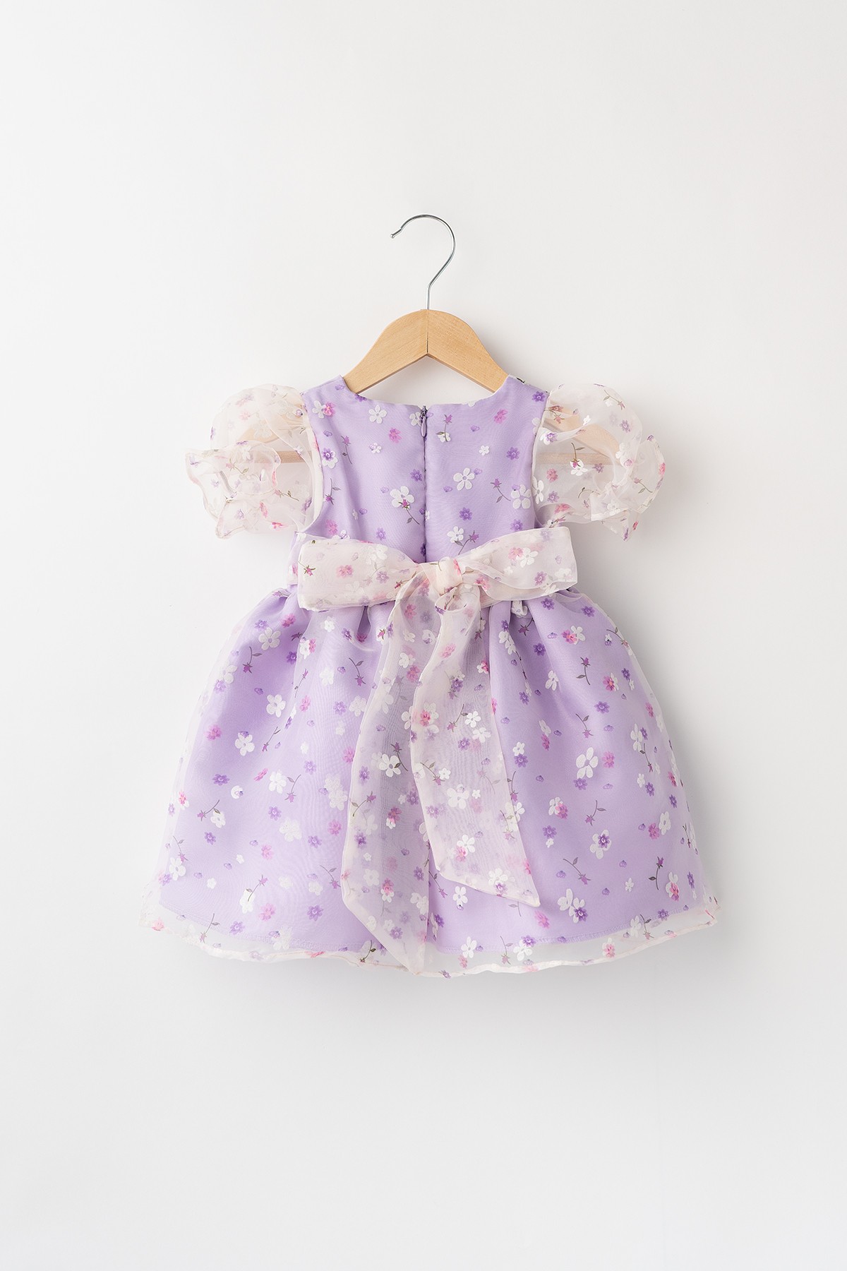 Grace Kız Bebek Çocuk Pamuk ve Saten Astarlı Çıtır Çiçek Desenli Tüllü Elbise - Lila