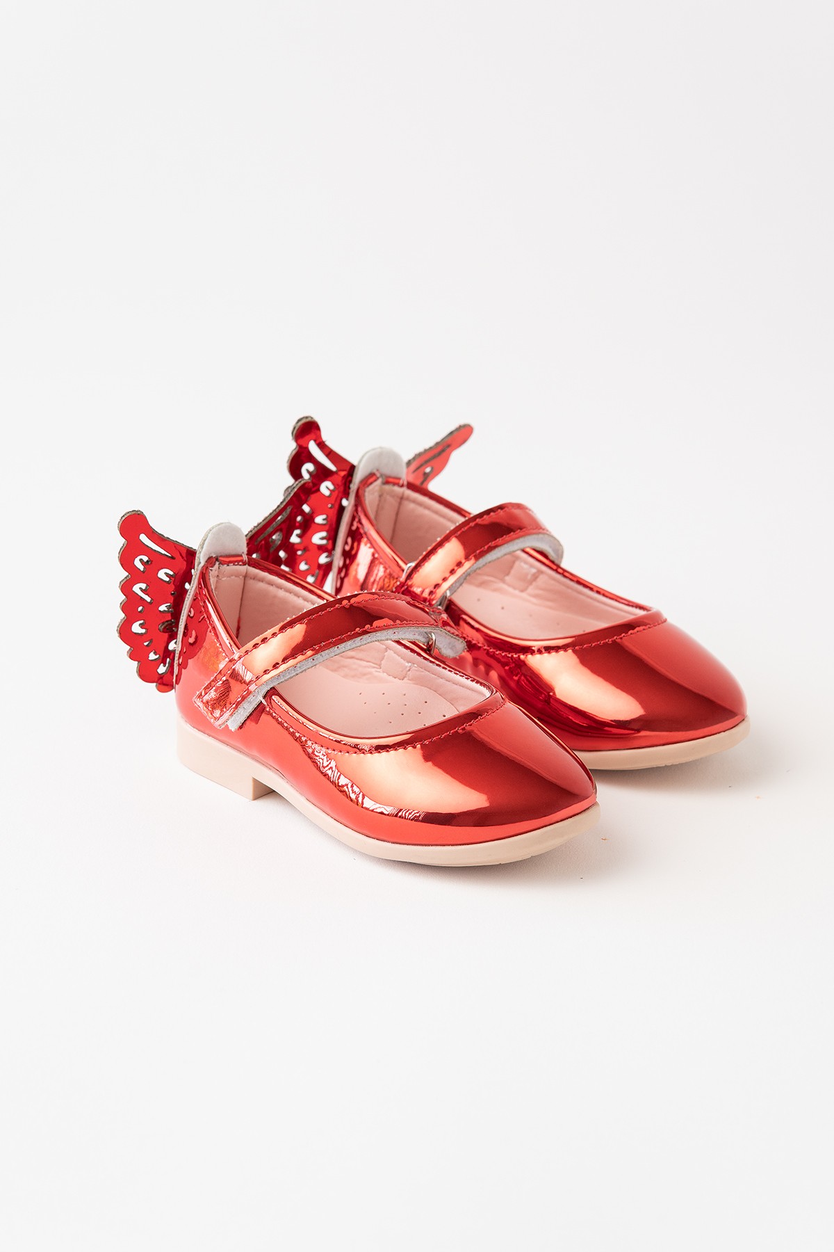 Papillon Arkası Kelebekli Kız Çocuk Bantlı Rugan Ayakkabı - Kırmızı