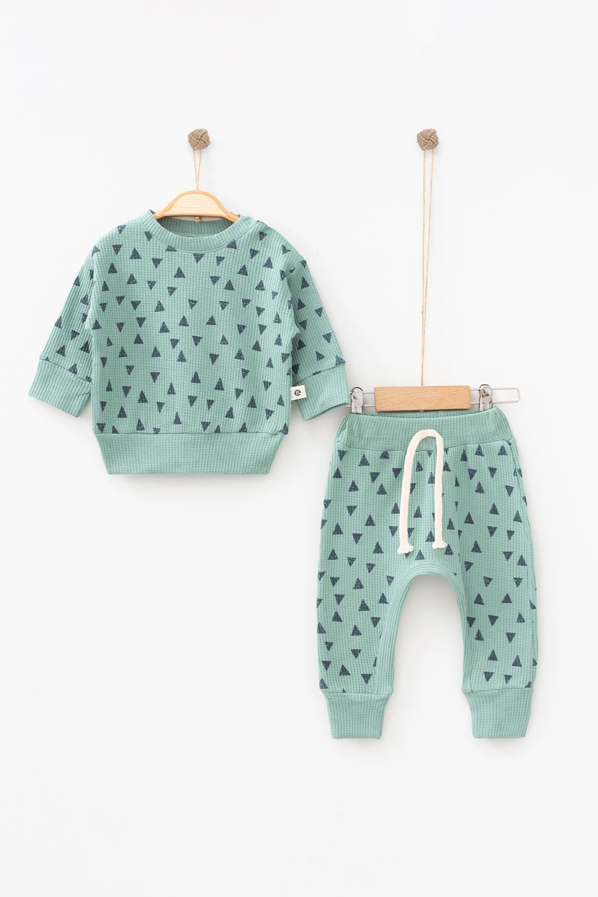 THERY Waffle Dokulu Bisiklet Yaka Pamuklu İkili Alt Üst Takım - Yeşil