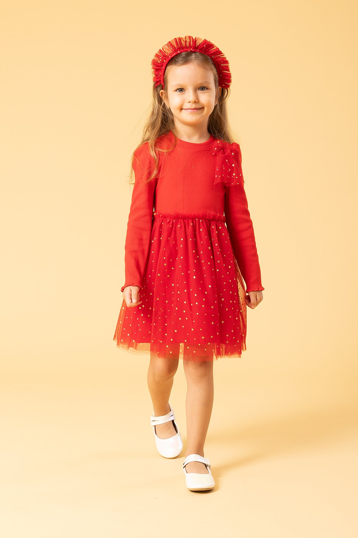 Willow Kız Bebek Çocuk Kaşkorse Yıldız Desenli Tüllü Elbise - Kırmızı