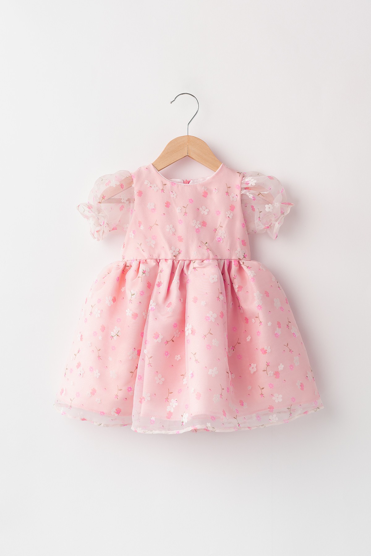 Grace Kız Bebek Çocuk Pamuk ve Saten Astarlı Çıtır Çiçek Desenli Tüllü Elbise - PEMBE