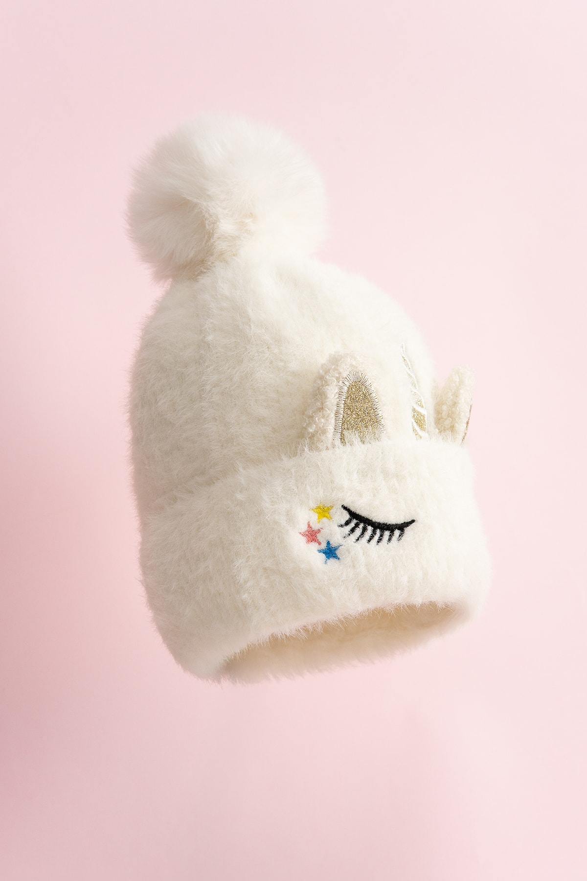 Unicorn Peluş Örme Ponponlu Bere - Beyaz