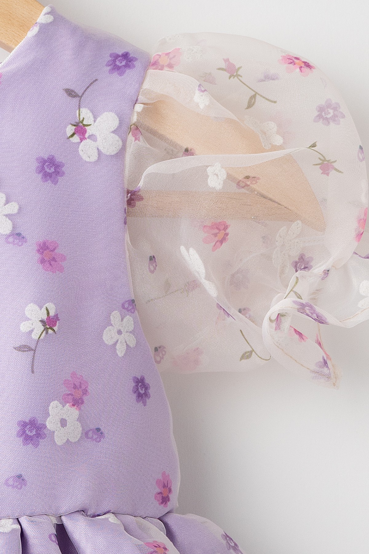 Grace Kız Bebek Çocuk Pamuk ve Saten Astarlı Çıtır Çiçek Desenli Tüllü Elbise - Lila