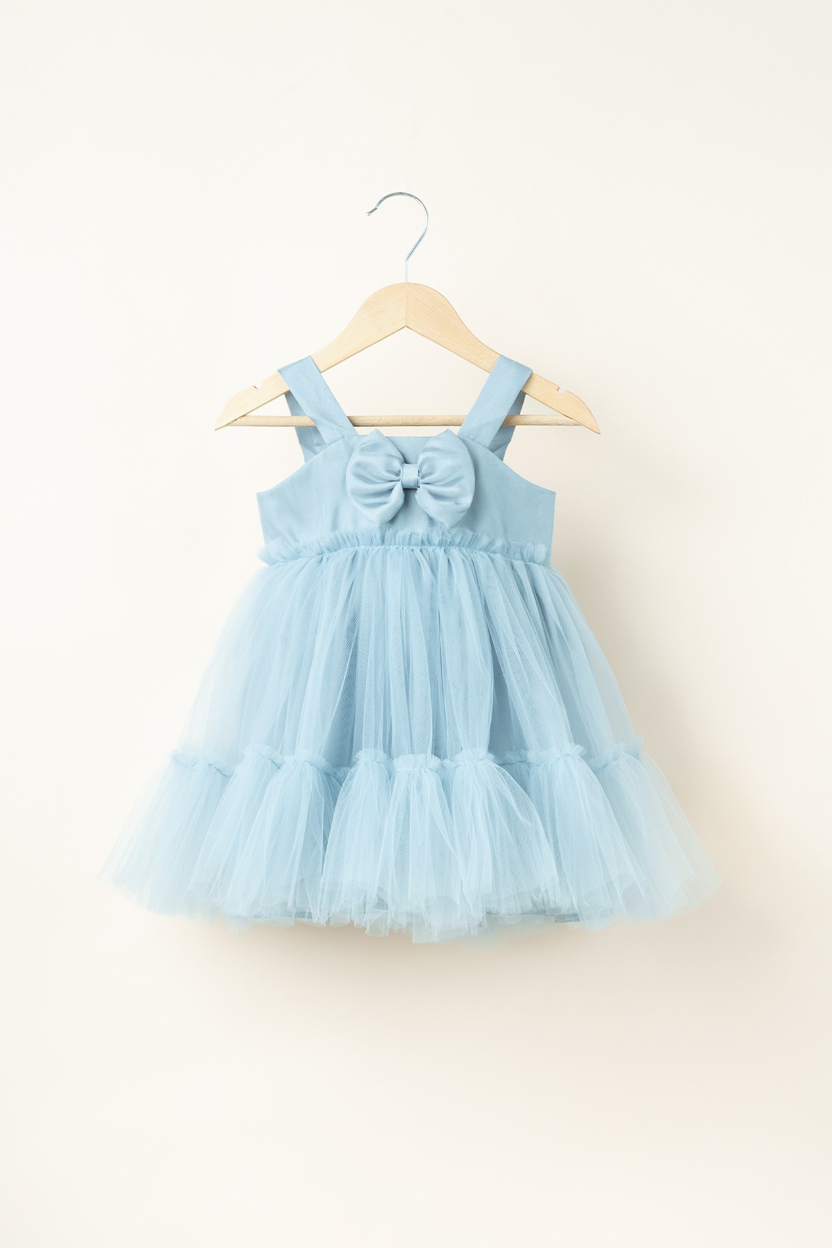 Fiona Kız Bebek Çocuk Astarlı Önden Fiyonklu Tüllü Askılı Elbise - Soğuk Mavi