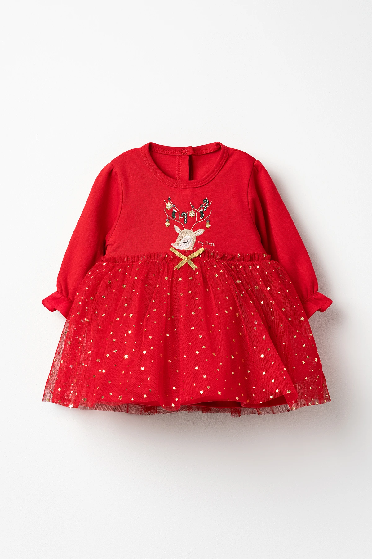 Melinda Geyik Nakışlı Yıldız Varak Baskılı Yılbaşı Elbisesi - Kırmızı