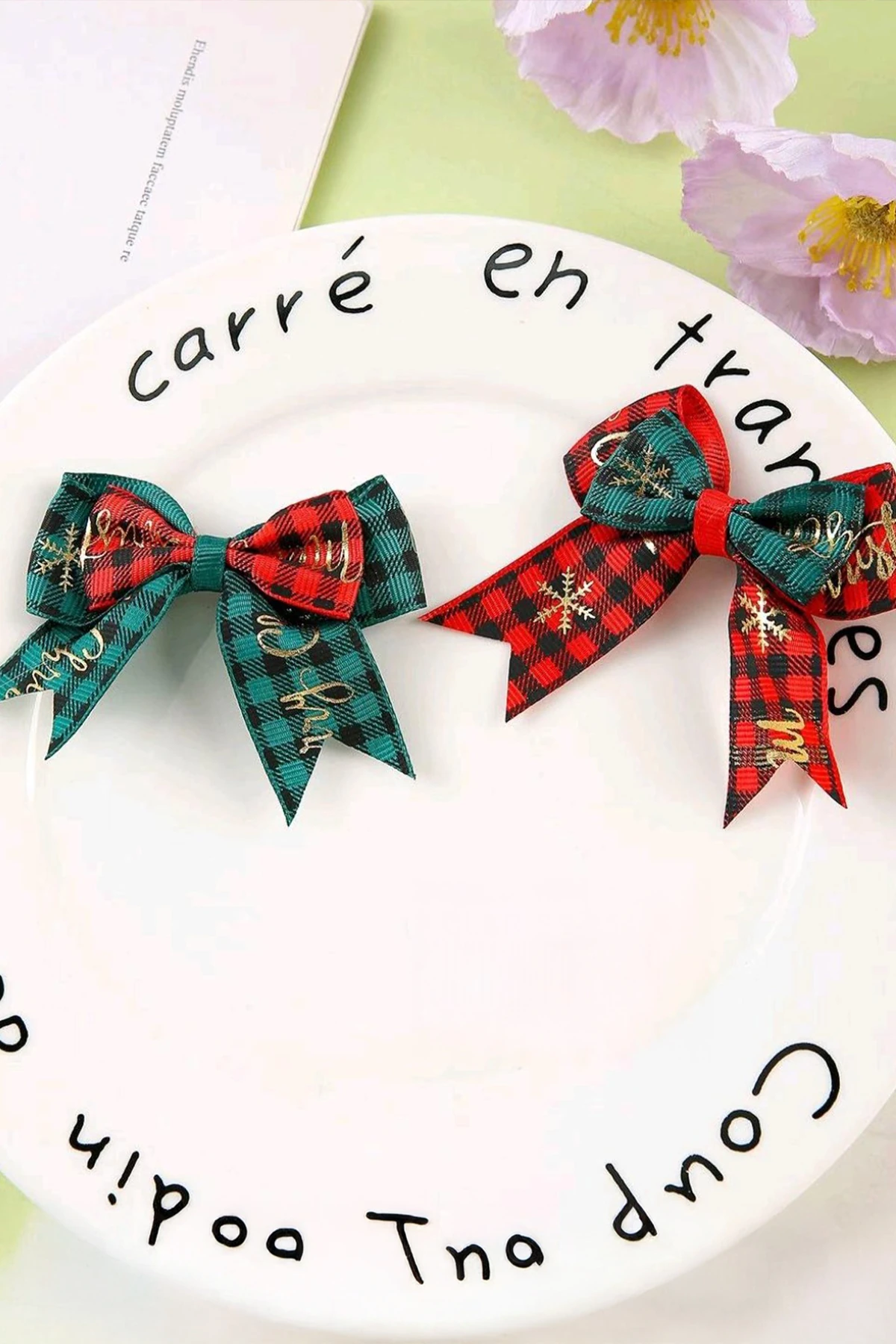 Tekli Piti Kare Desenli Varak Baskılı Yılbaşı Konsept Fiyonk Toka - Yeşil