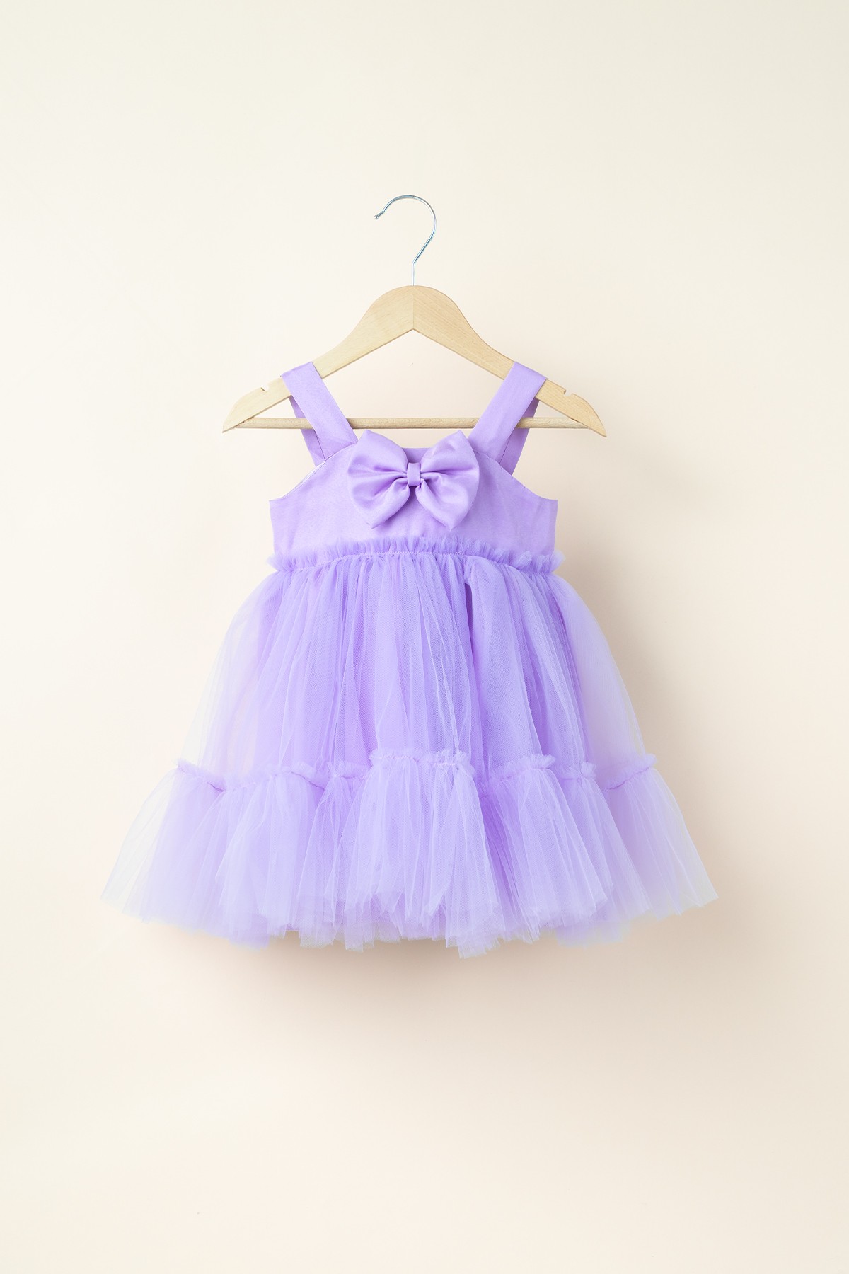 Fiona Kız Bebek Çocuk Astarlı Önden Fiyonklu Tüllü Askılı Elbise - Lila