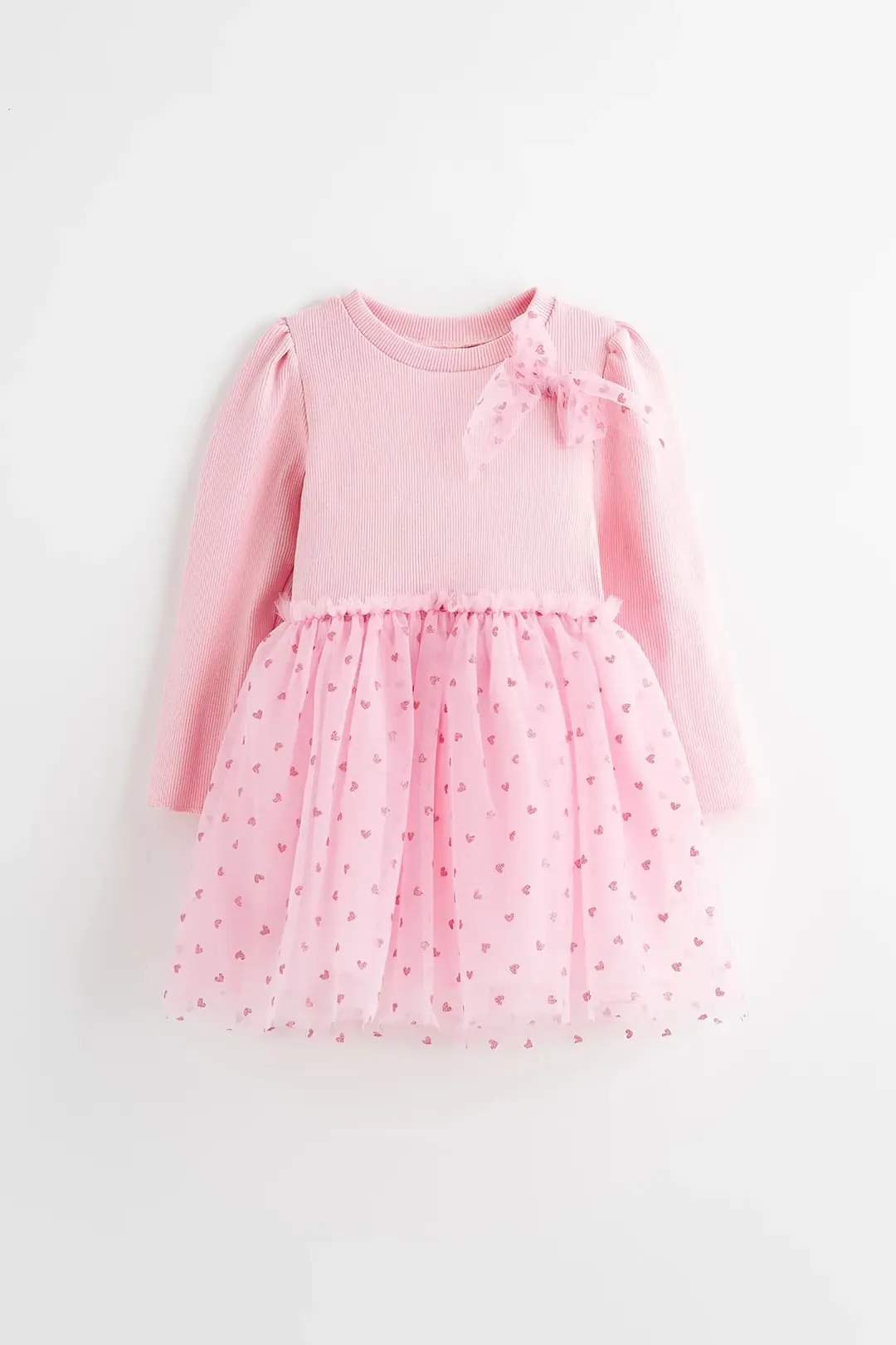 Pembe Simli Kalp Desenli Kız Çocuk Tüllü Elbise